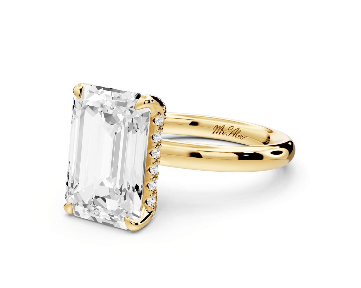 Shira - 5ct 18k yellow gold emerald diamond with hidden halo and diamond crown talon prong solitaire engagment ring - Mr. Alex Jewelry