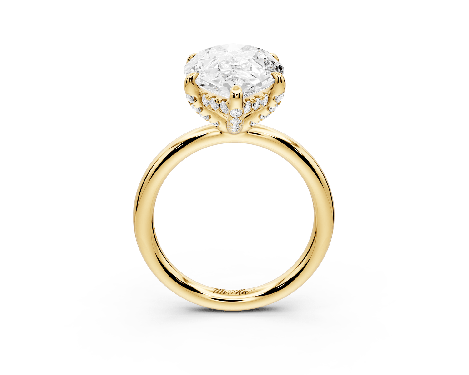Shira - 5ct 18k yellow gold pear diamond with hidden halo and diamond crown talon prong solitaire engagment ring - Mr. Alex Jewelry