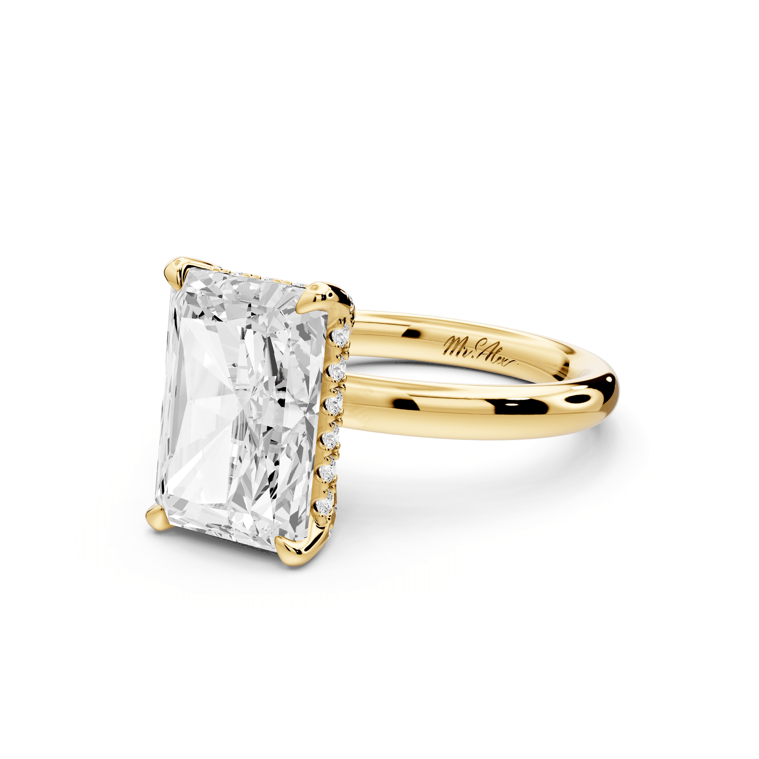Shira - 5ct 18k yellow gold radiant diamond with hidden halo and diamond crown talon prong solitaire engagement ring - Mr. Alex Jewelry