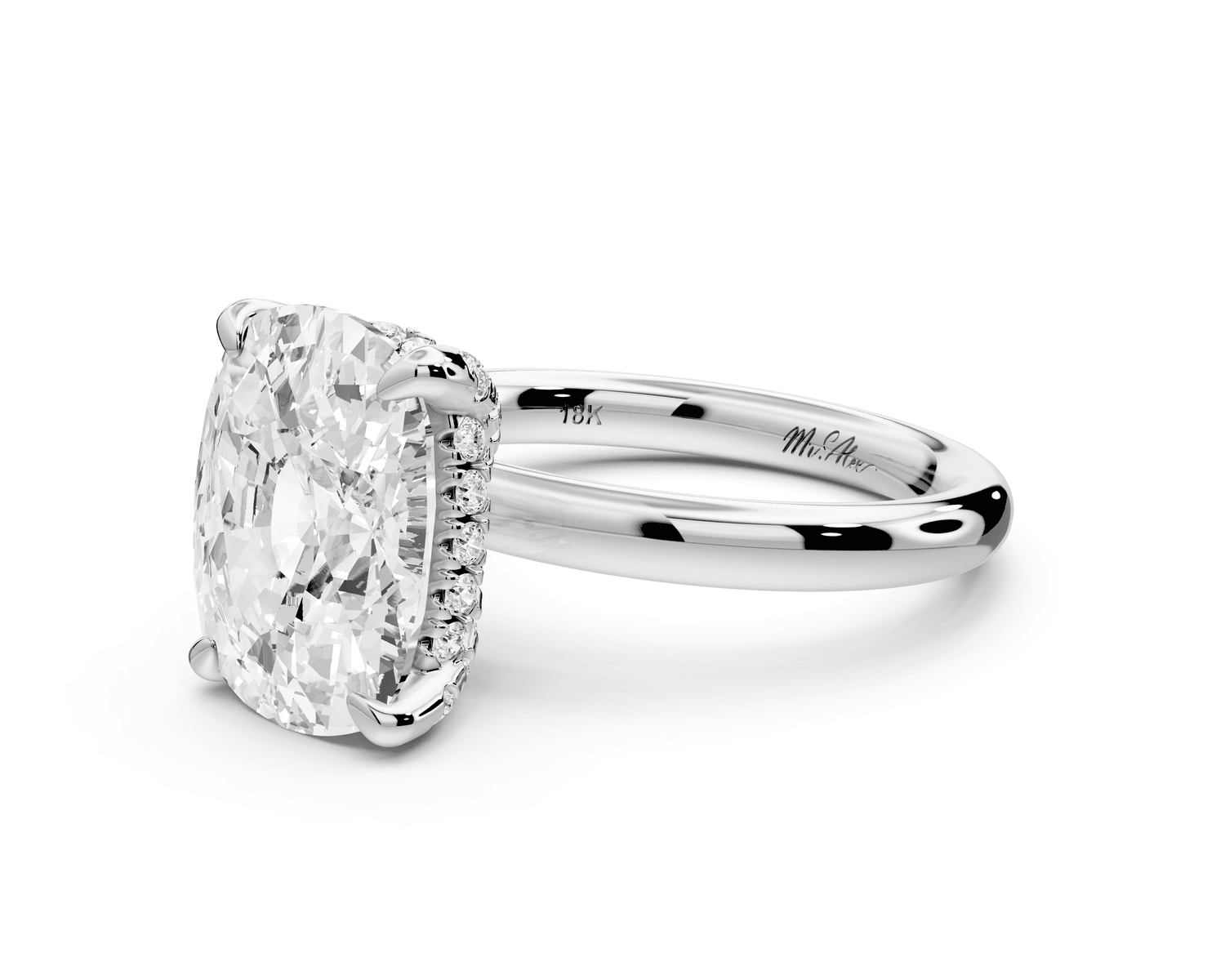 Shira - 5ct platinum ecushion diamond with hidden halo and diamond crown talon prong solitaire engagement ring - Mr. Alex Jewelry