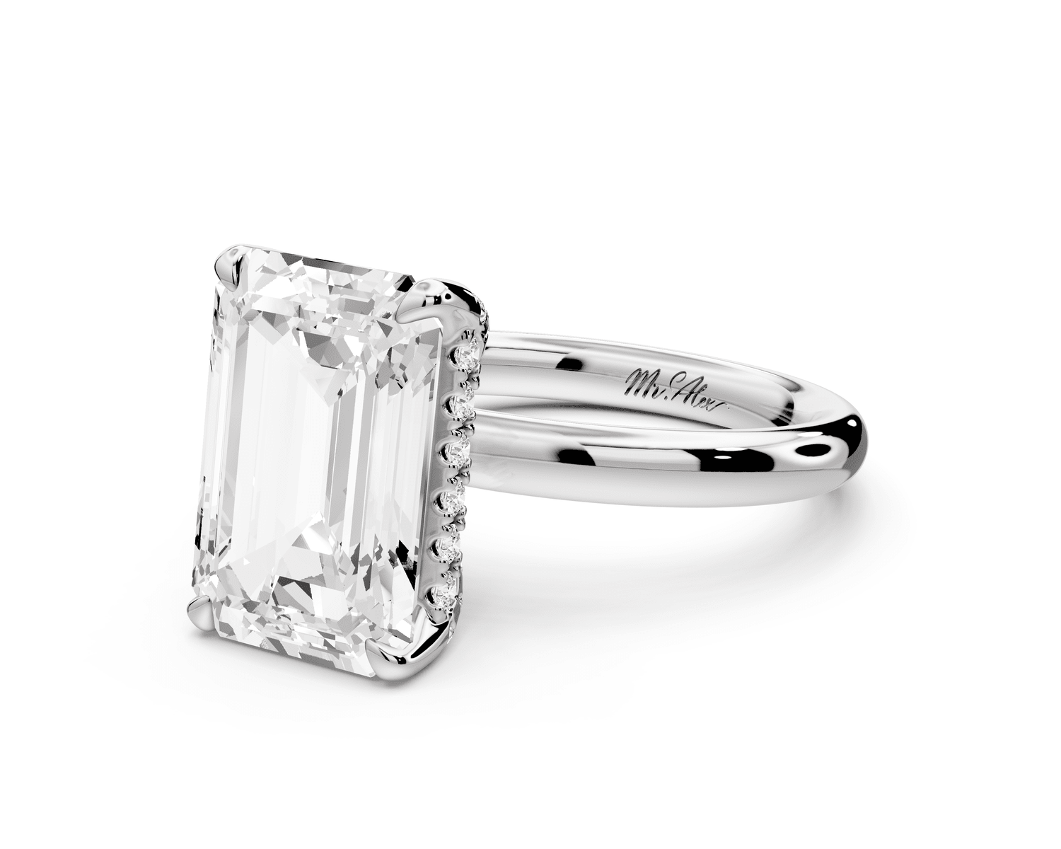Shira - 5ct platinum emerald diamond with hidden halo and diamond crown talon prong solitaire engagment ring - Mr. Alex Jewelry
