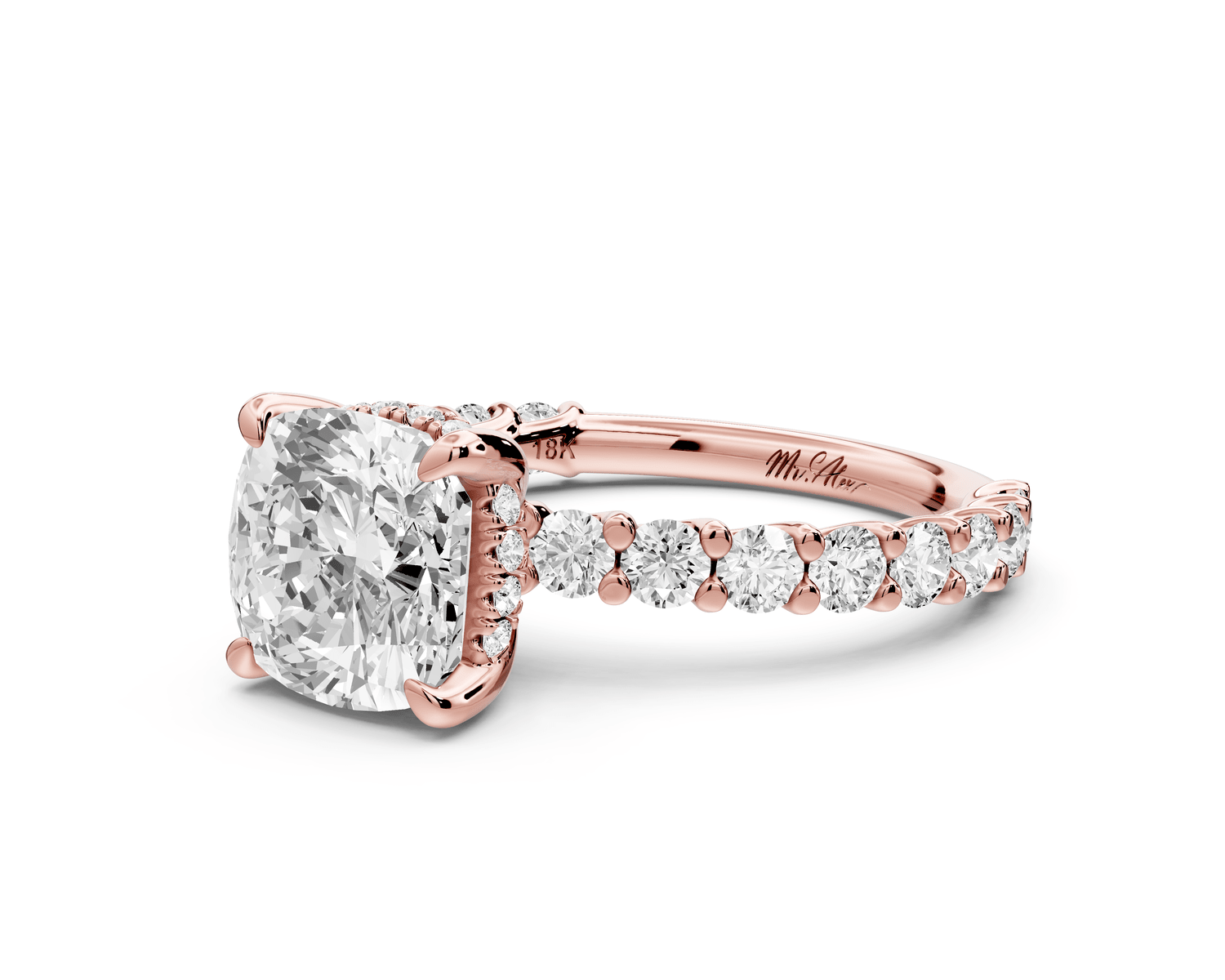 Siena - 2ct 14k rose gold cushion Hidden Halo with Shared Prong Pavé Engagement Ring - Mr. Alex Jewelry