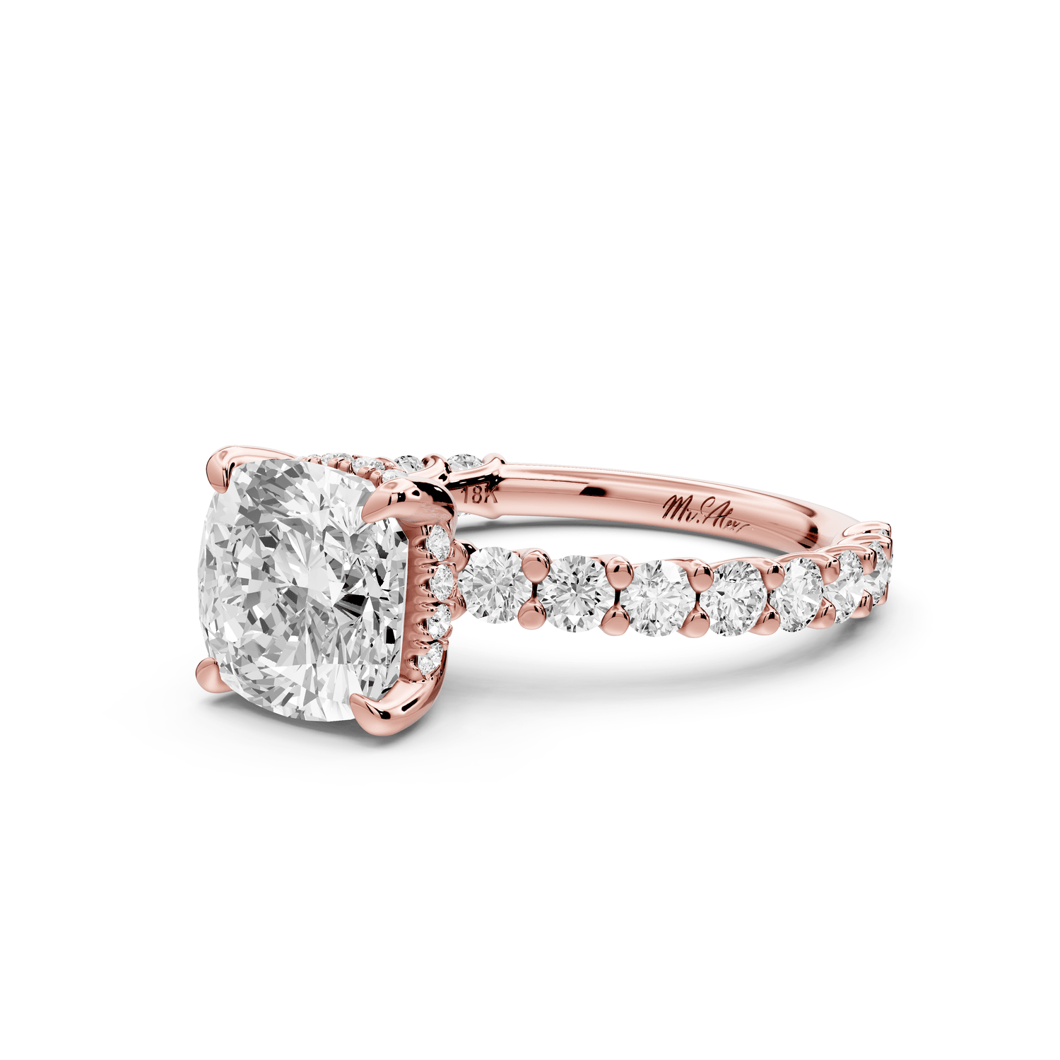 Siena - 2ct 14k rose gold cushion Hidden Halo with Shared Prong Pavé Engagement Ring - Mr. Alex Jewelry