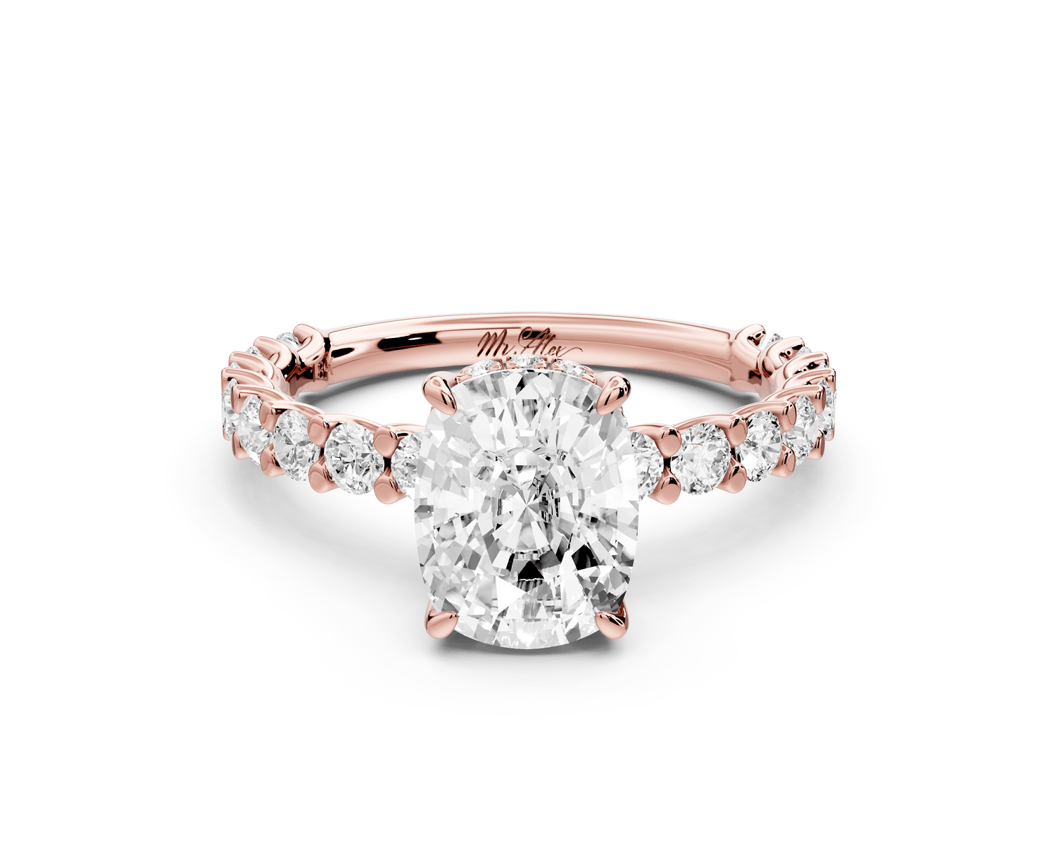 Siena - 2ct 14k rose gold ecushion Hidden Halo with Shared Prong Pavé Engagement Ring - Mr. Alex Jewelry