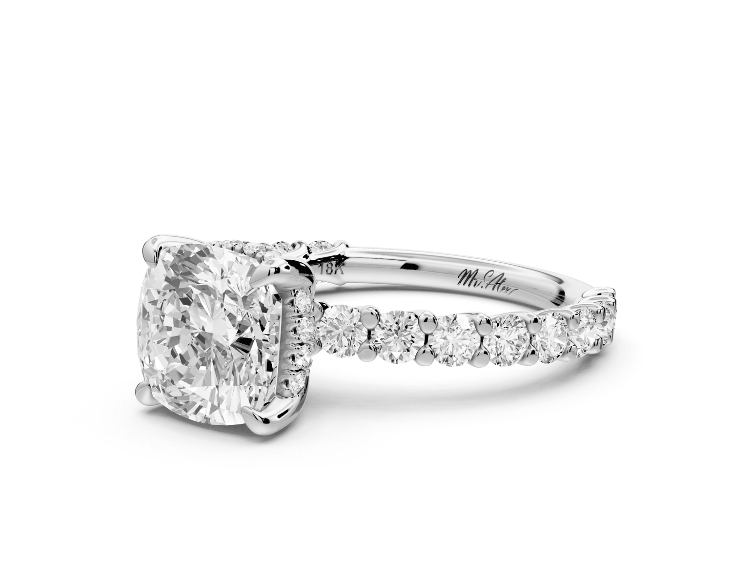 Siena - 2ct 14k white gold cushion Hidden Halo with Shared Prong Pavé Engagement Ring - Mr. Alex Jewelry