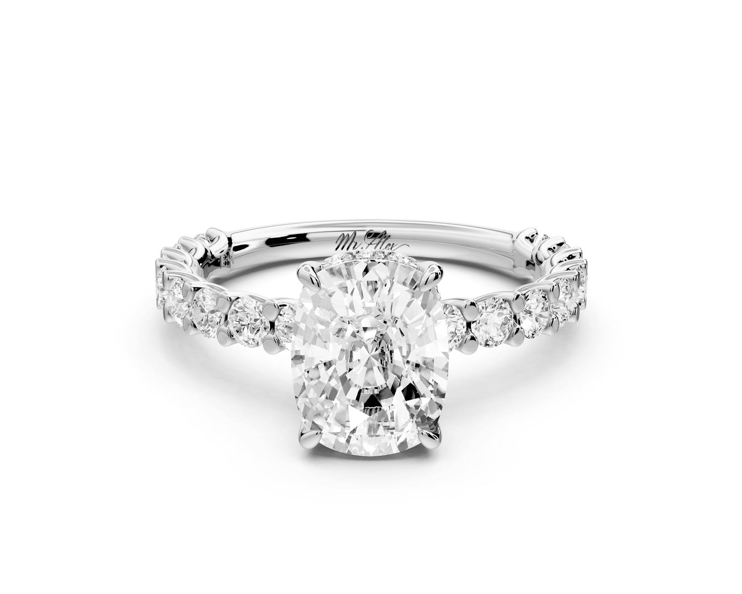 Siena - 2ct 14k white gold ecushion Hidden Halo with Shared Prong Pavé Engagement Ring - Mr. Alex Jewelry