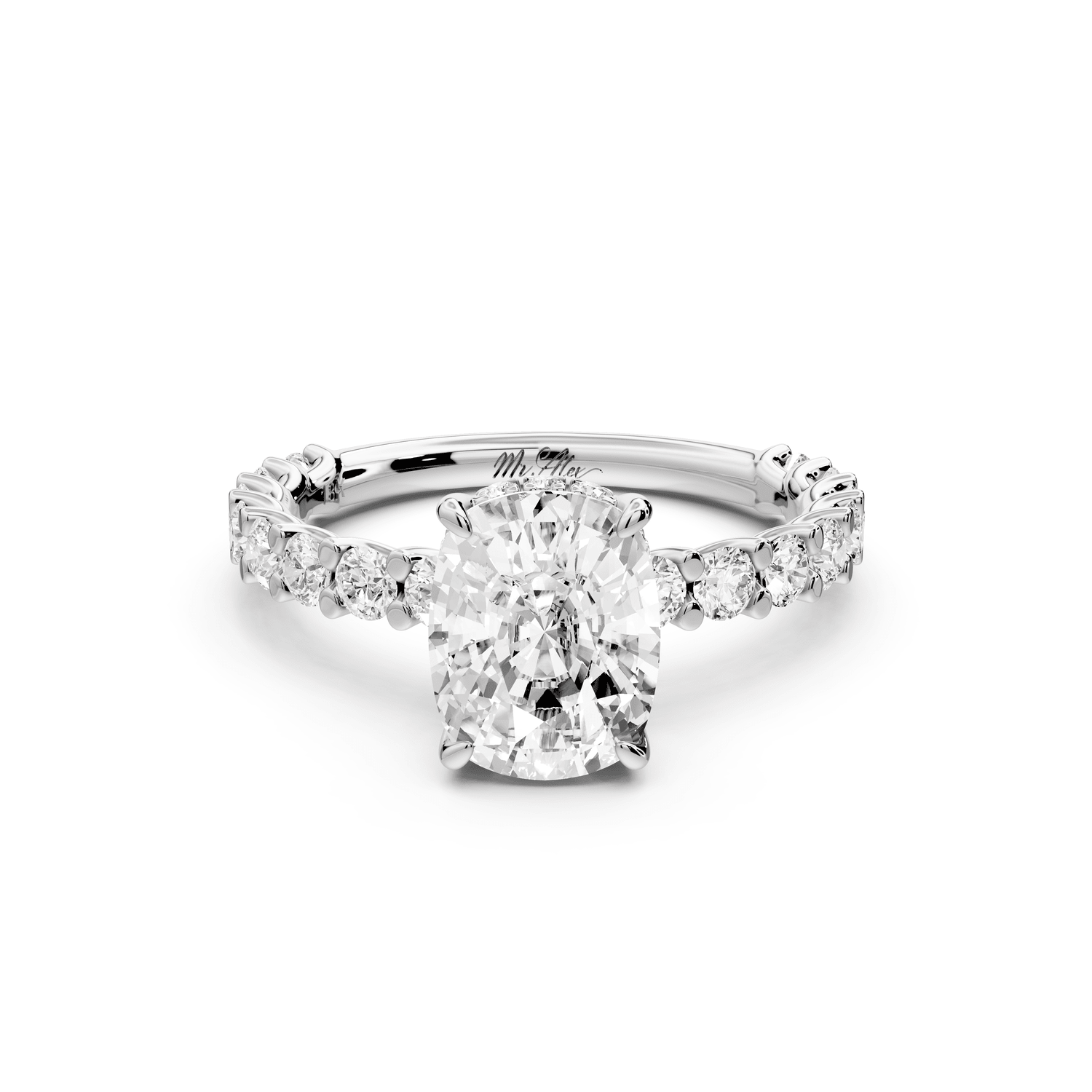 Siena - 2ct 14k white gold ecushion Hidden Halo with Shared Prong Pavé Engagement Ring - Mr. Alex Jewelry