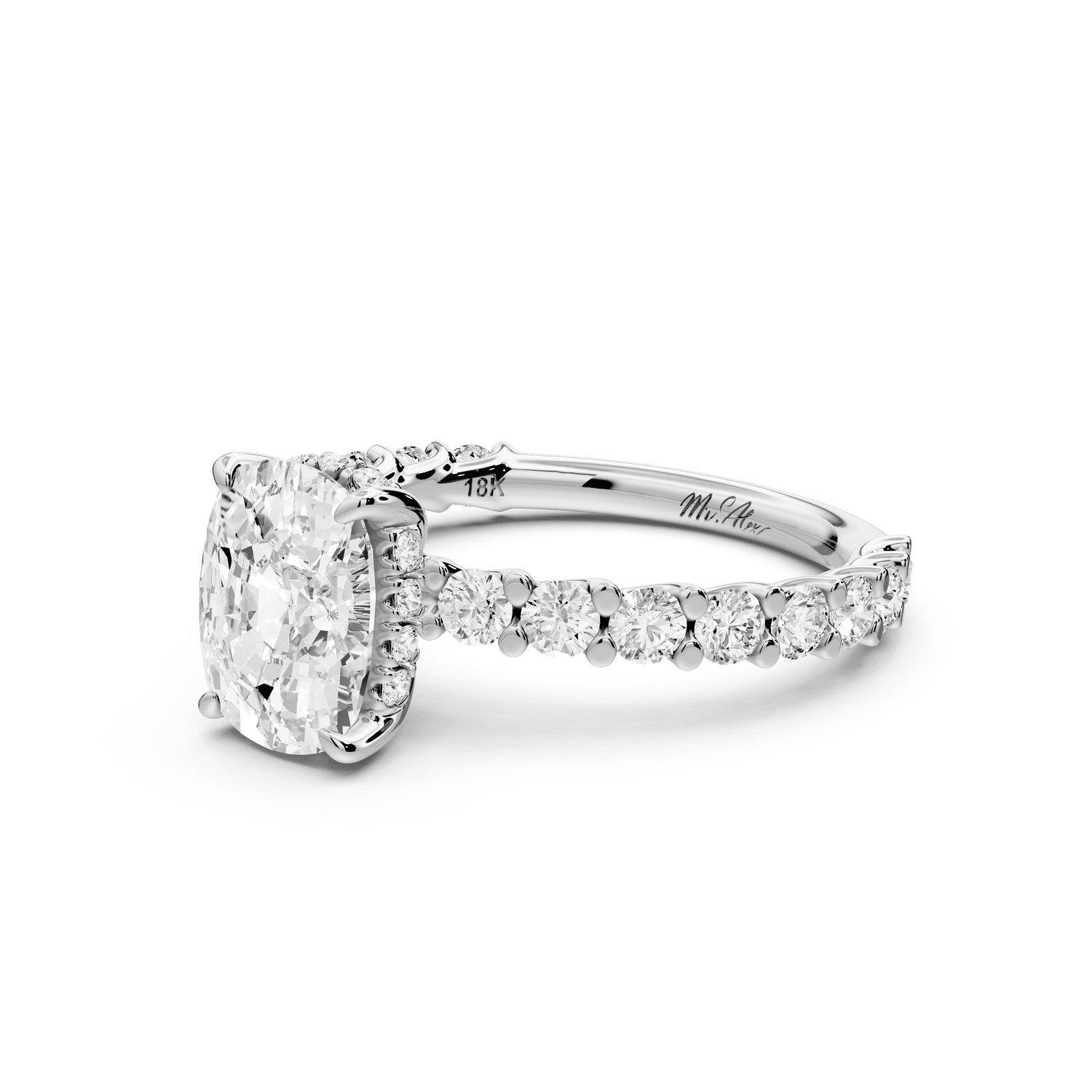 Siena - 2ct 14k white gold ecushion Hidden Halo with Shared Prong Pavé Engagement Ring - Mr. Alex Jewelry