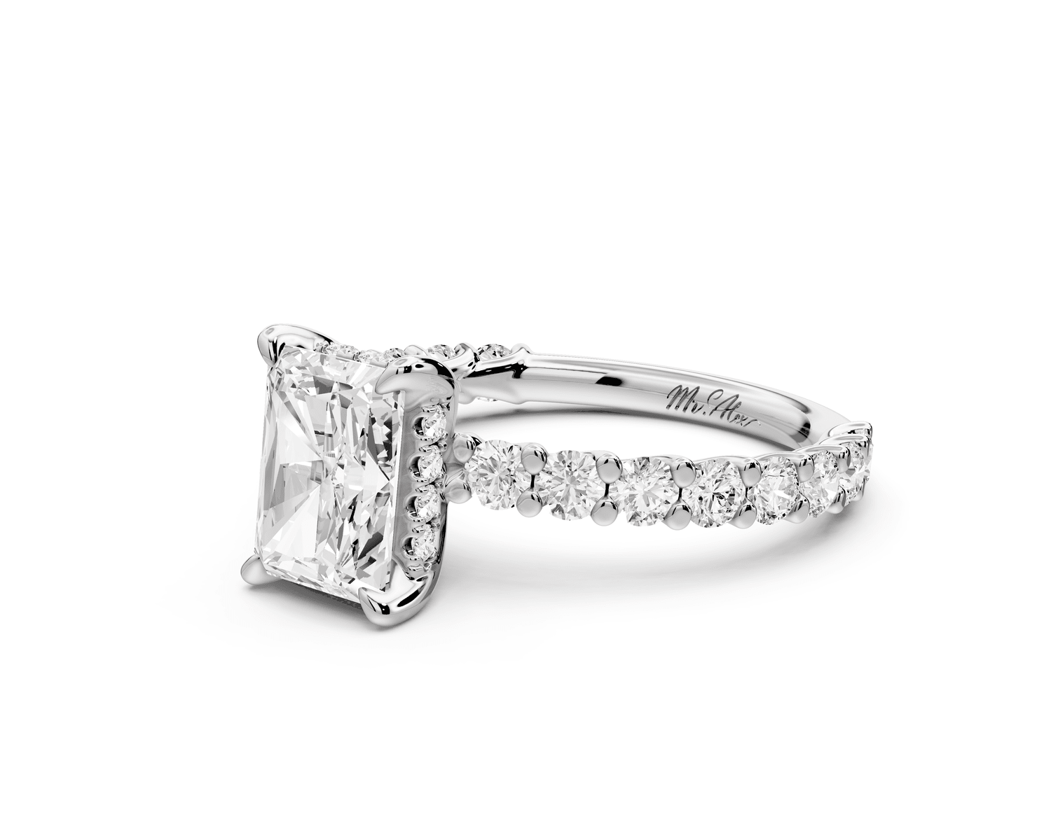 Siena - 2ct 14k white gold radiant Hidden Halo with Shared Prong Pavé Engagement Ring - Mr. Alex Jewelry