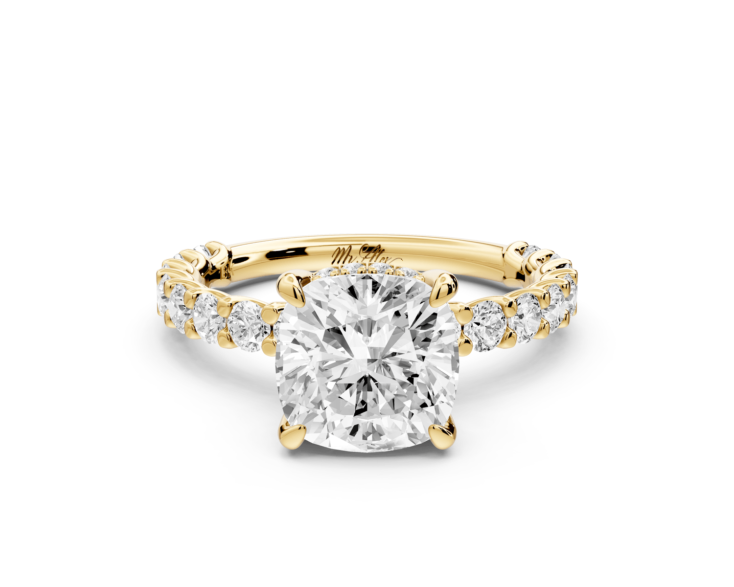 Siena - 2ct 14k yellow gold cushion Hidden Halo with Shared Prong Pavé Engagement Ring - Mr. Alex Jewelry