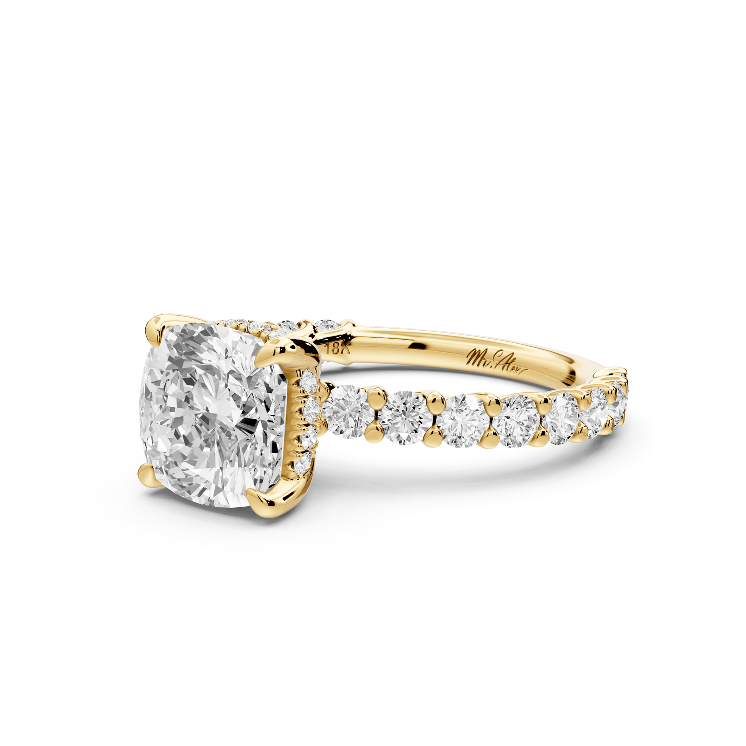 Siena - 2ct 14k yellow gold cushion Hidden Halo with Shared Prong Pavé Engagement Ring - Mr. Alex Jewelry