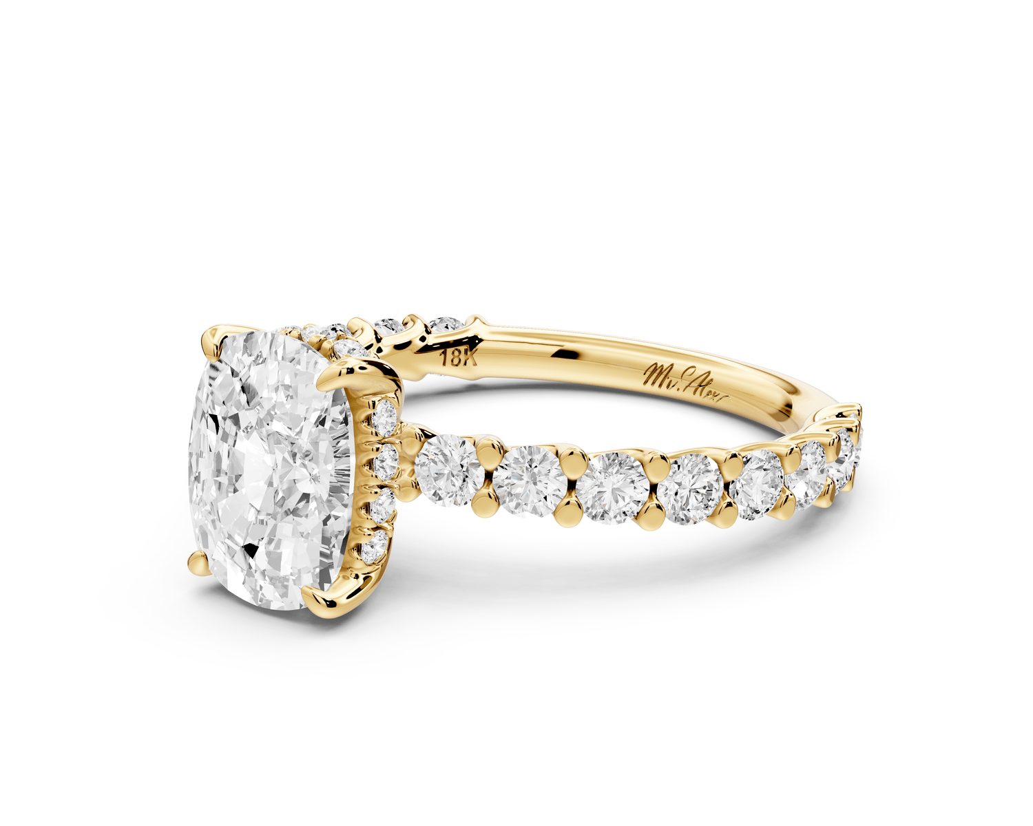 Siena - 2ct 14k yellow gold ecushion Hidden Halo with Shared Prong Pavé Engagement Ring - Mr. Alex Jewelry