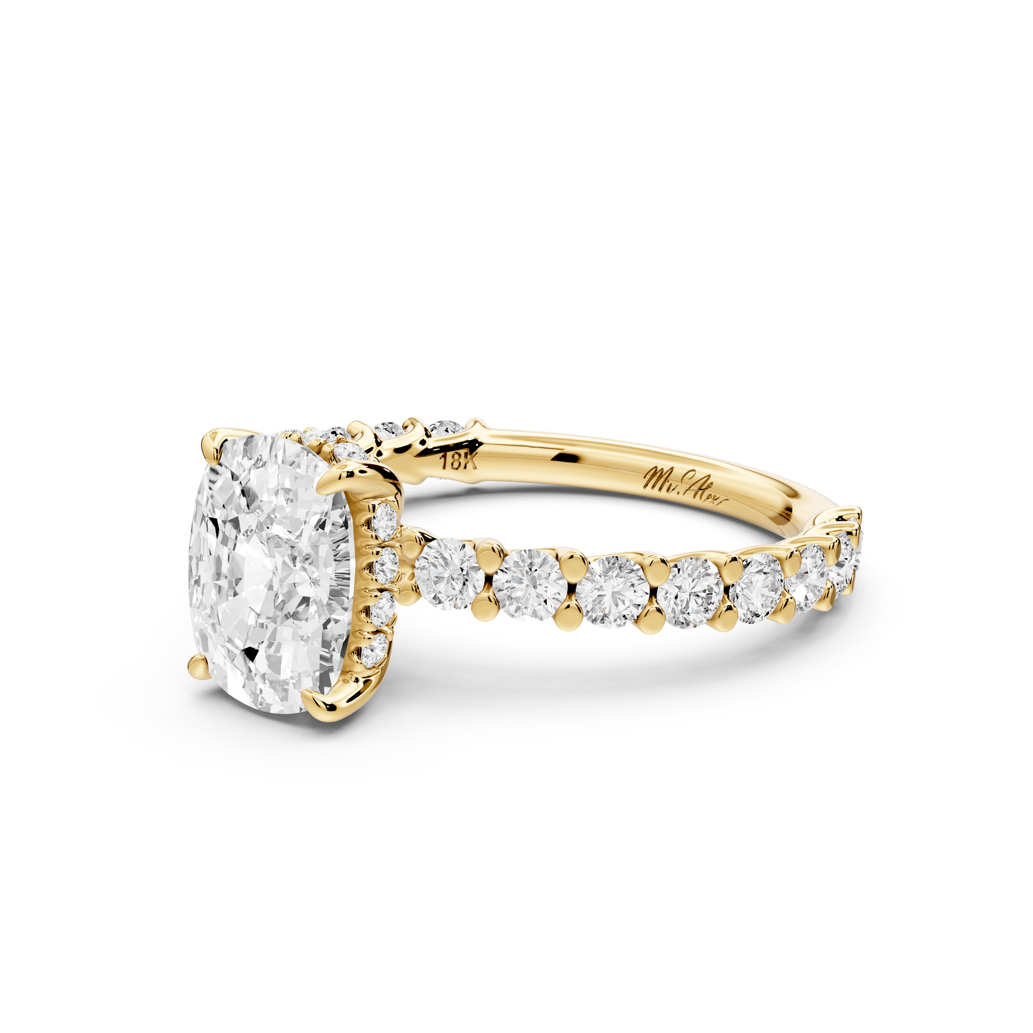Siena - 2ct 14k yellow gold ecushion Hidden Halo with Shared Prong Pavé Engagement Ring - Mr. Alex Jewelry