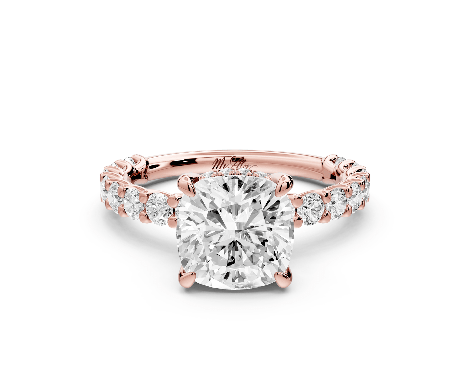 Siena - 2ct 18k rose gold cushion Hidden Halo with Shared Prong Pavé Engagement Ring - Mr. Alex Jewelry
