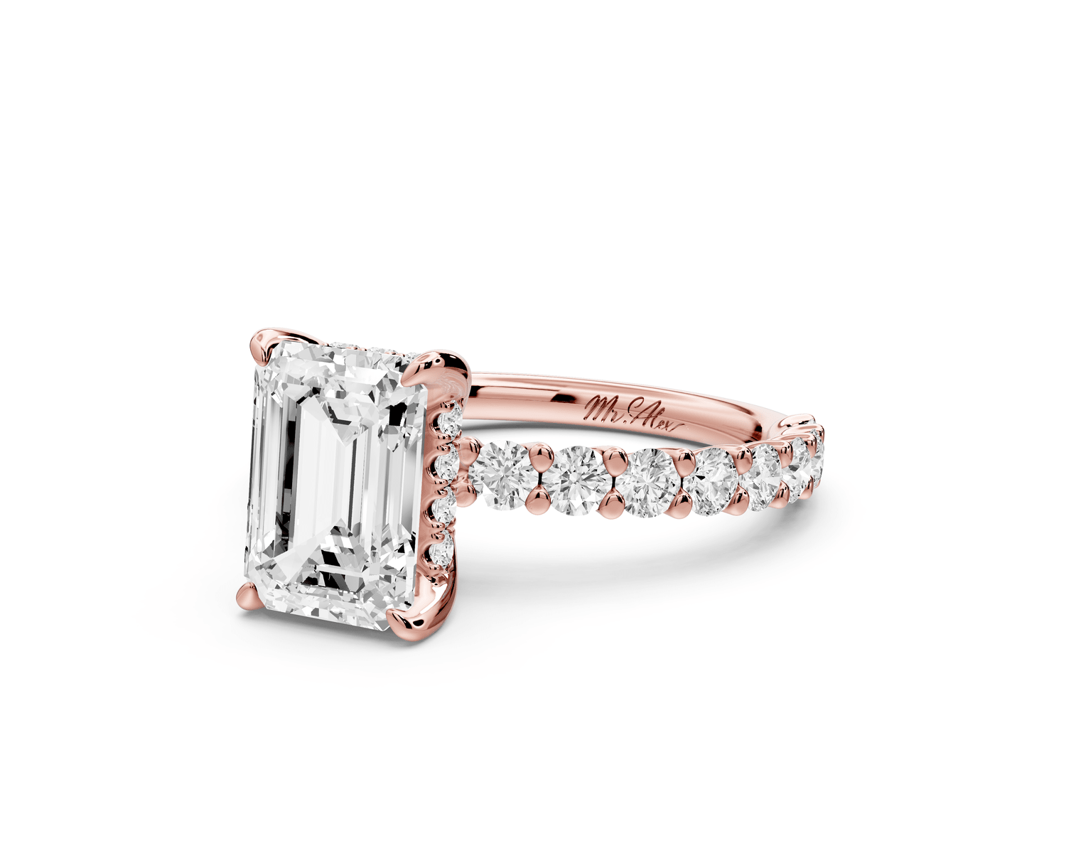 Siena - 2ct 18k rose gold emerald Hidden Halo with Shared Prong Pavé Engagement Ring - Mr. Alex Jewelry