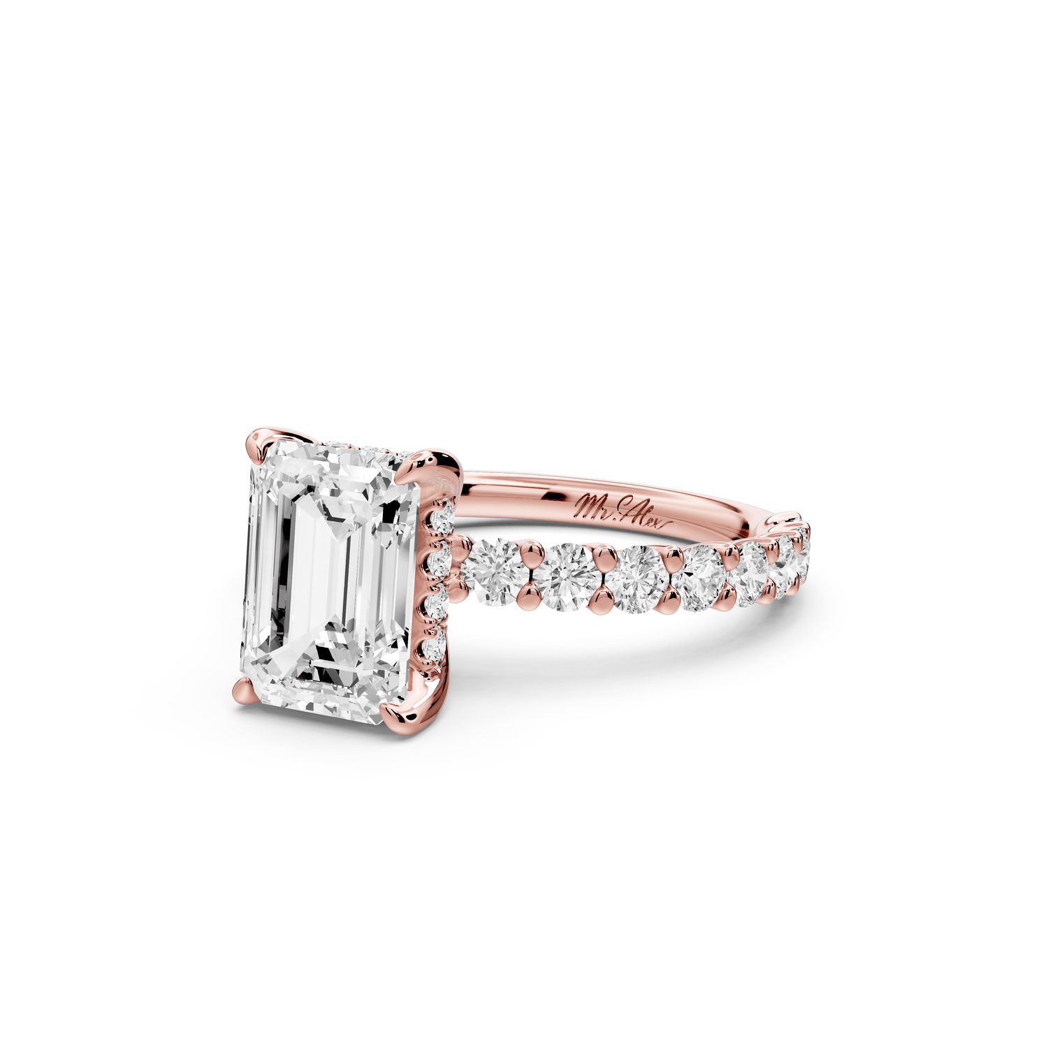 Siena - 2ct 18k rose gold emerald Hidden Halo with Shared Prong Pavé Engagement Ring - Mr. Alex Jewelry