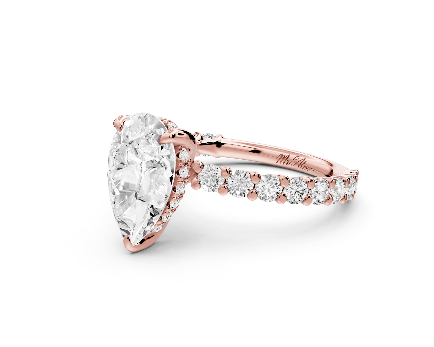 Siena - 2ct 18k rose gold pear Hidden Halo with Shared Prong Pavé Engagement Ring - Mr. Alex Jewelry