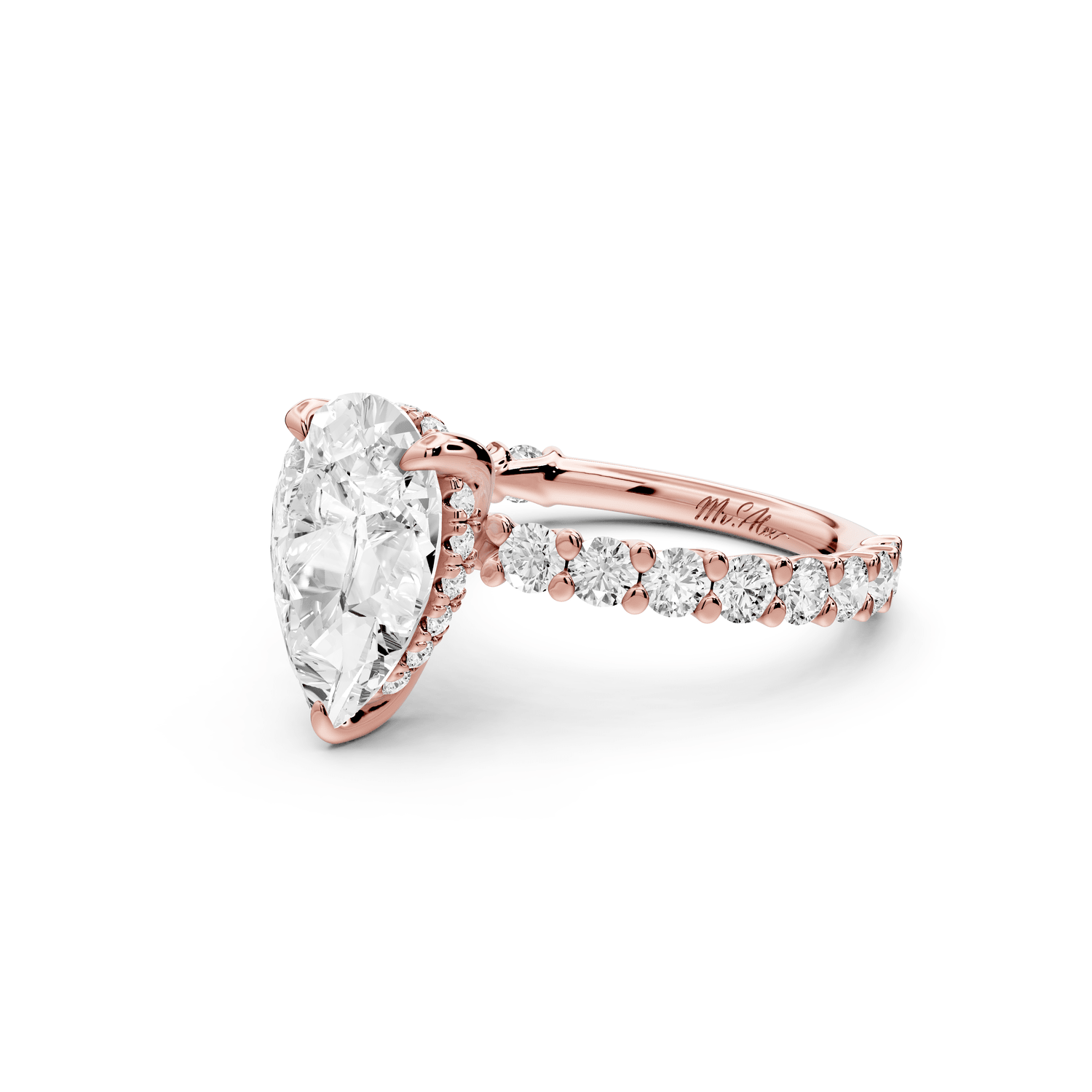 Siena - 2ct 18k rose gold pear Hidden Halo with Shared Prong Pavé Engagement Ring - Mr. Alex Jewelry