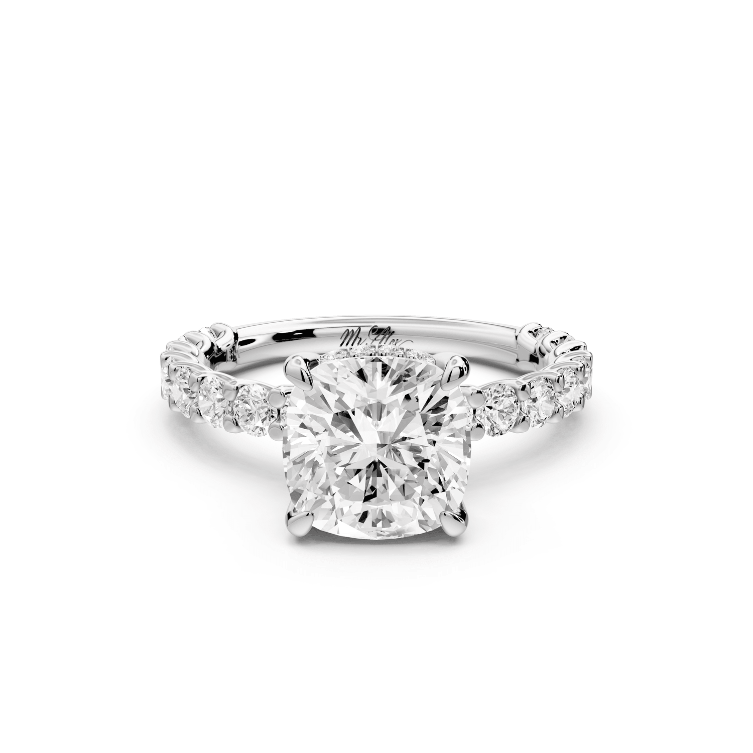 Siena - 2ct 18k white gold cushion Hidden Halo with Shared Prong Pavé Engagement Ring - Mr. Alex Jewelry