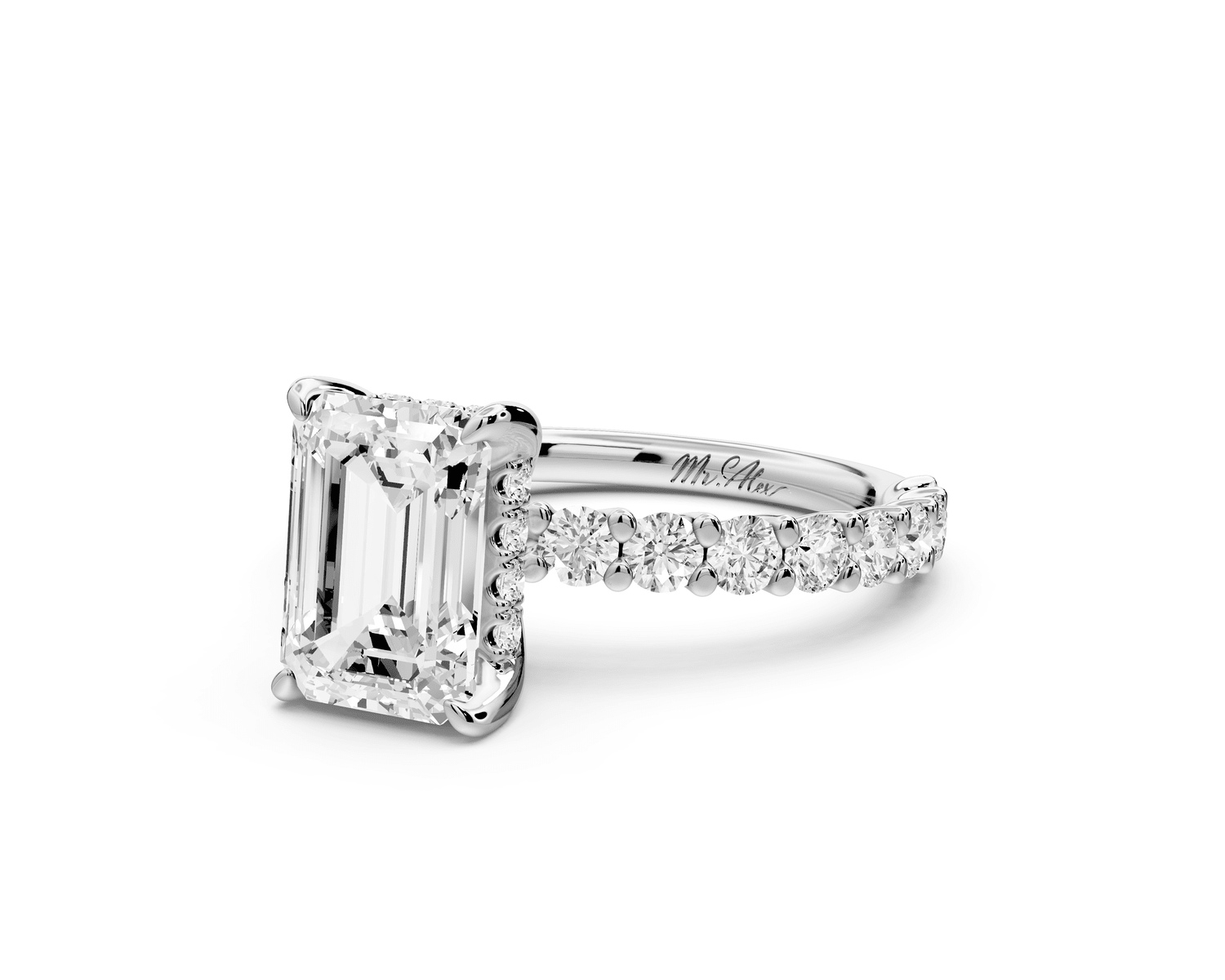 Siena - 2ct 18k white gold emerald Hidden Halo with Shared Prong Pavé Engagement Ring - Mr. Alex Jewelry