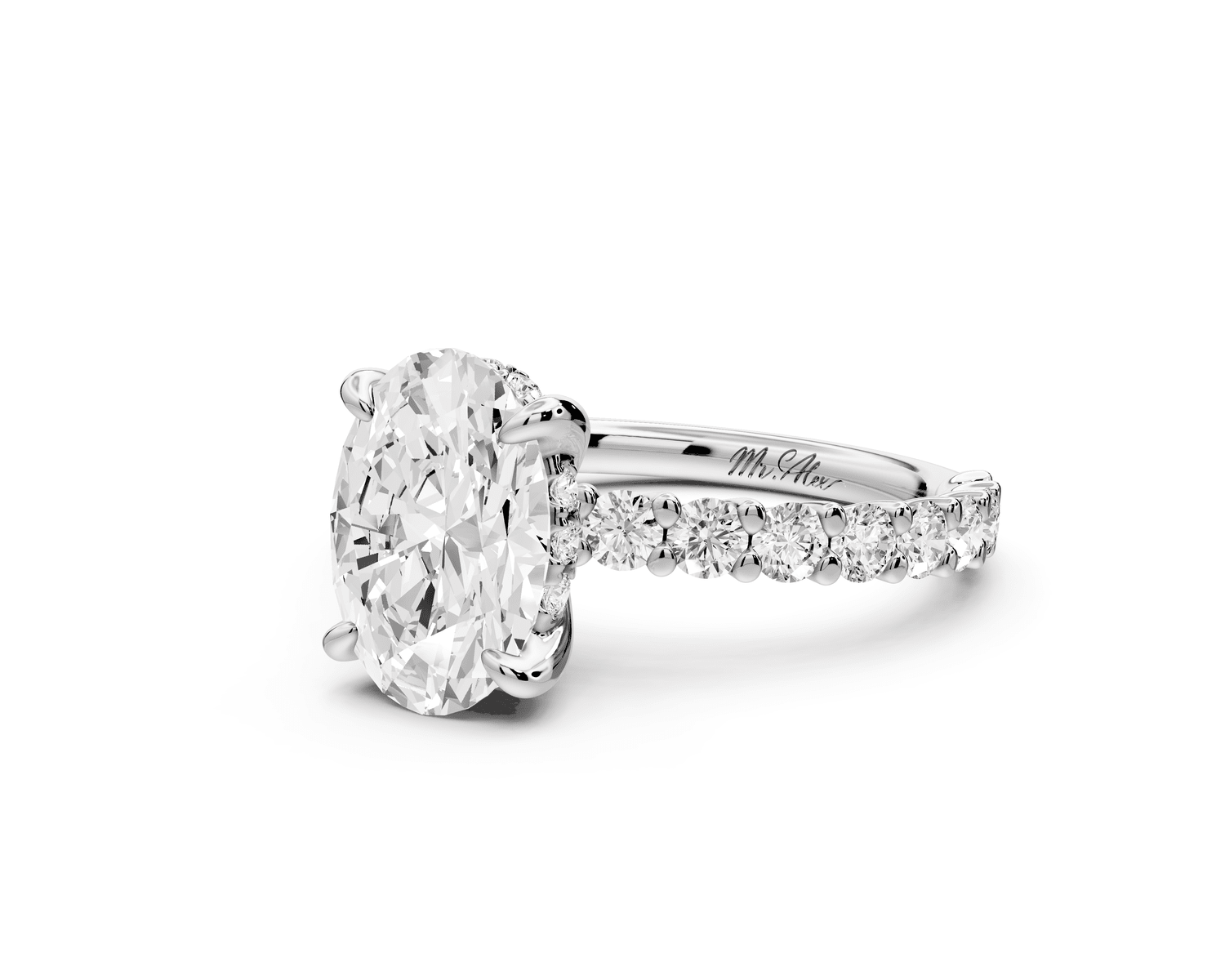 Siena - 2ct 18k white gold oval Hidden Halo with Shared Prong Pavé Engagement Ring - Mr. Alex Jewelry