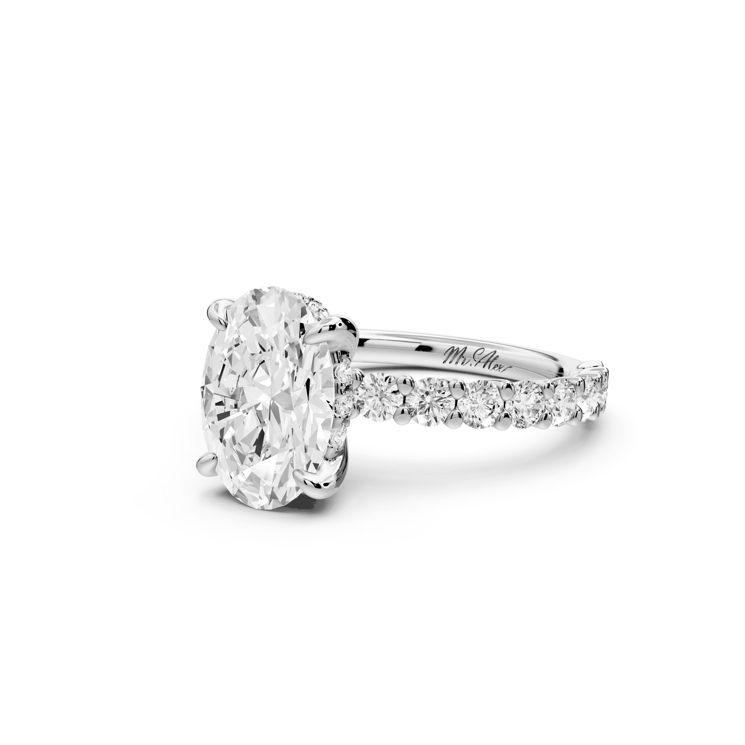 Siena - 2ct 18k white gold oval Hidden Halo with Shared Prong Pavé Engagement Ring - Mr. Alex Jewelry