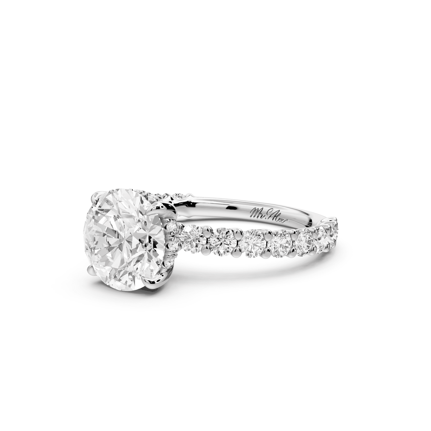 Siena - 2ct 18k white gold round Hidden Halo with Shared Prong Pavé Engagement Ring - Mr. Alex Jewelry