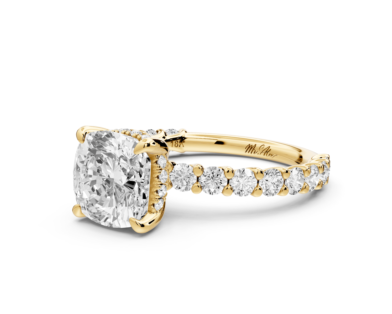 Siena - 2ct 18k yellow gold cushion Hidden Halo with Shared Prong Pavé Engagement Ring - Mr. Alex Jewelry