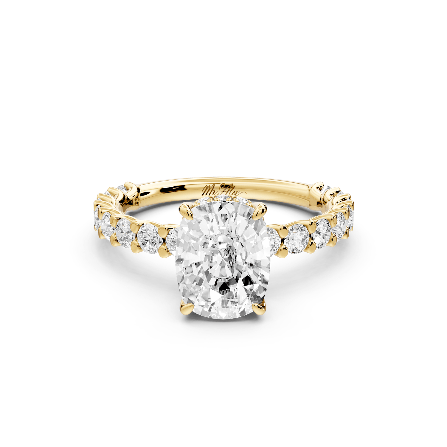 Siena - 2ct 18k yellow gold ecushion Hidden Halo with Shared Prong Pavé Engagement Ring - Mr. Alex Jewelry