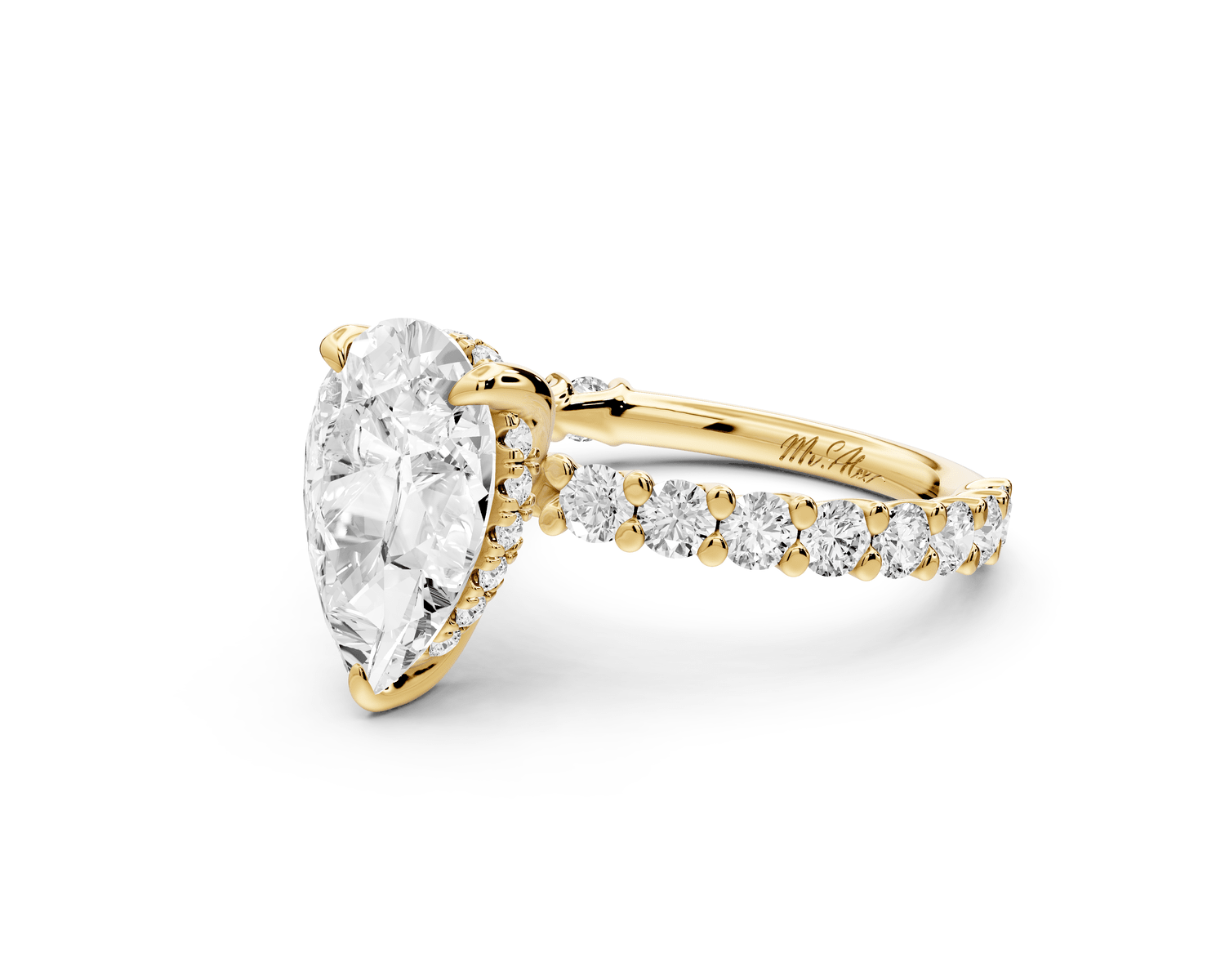 Siena - 2ct 18k yellow gold pear Hidden Halo with Shared Prong Pavé Engagement Ring - Mr. Alex Jewelry