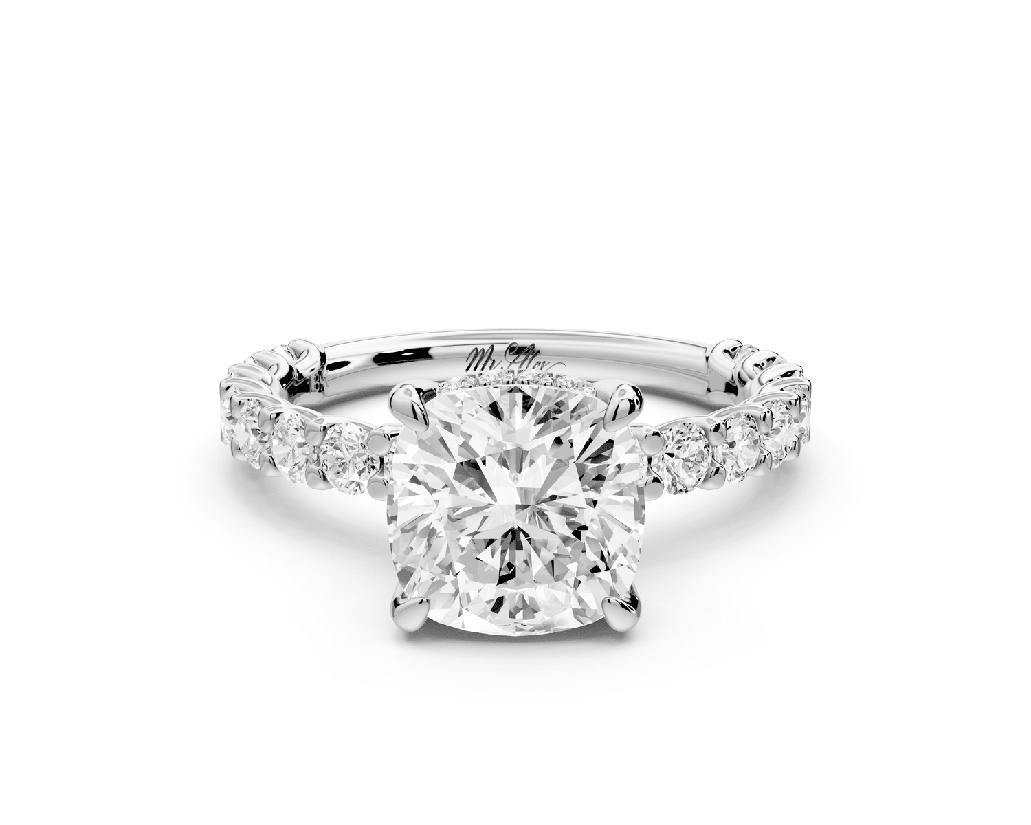 Siena - 2ct platinum cushion Hidden Halo with Shared Prong Pavé Engagement Ring - Mr. Alex Jewelry