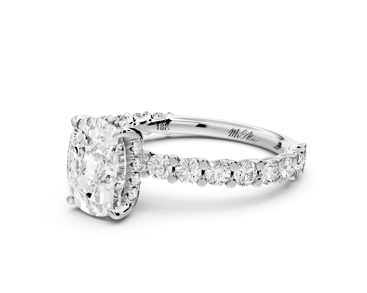 Siena - 2ct platinum ecushion Hidden Halo with Shared Prong Pavé Engagement Ring - Mr. Alex Jewelry