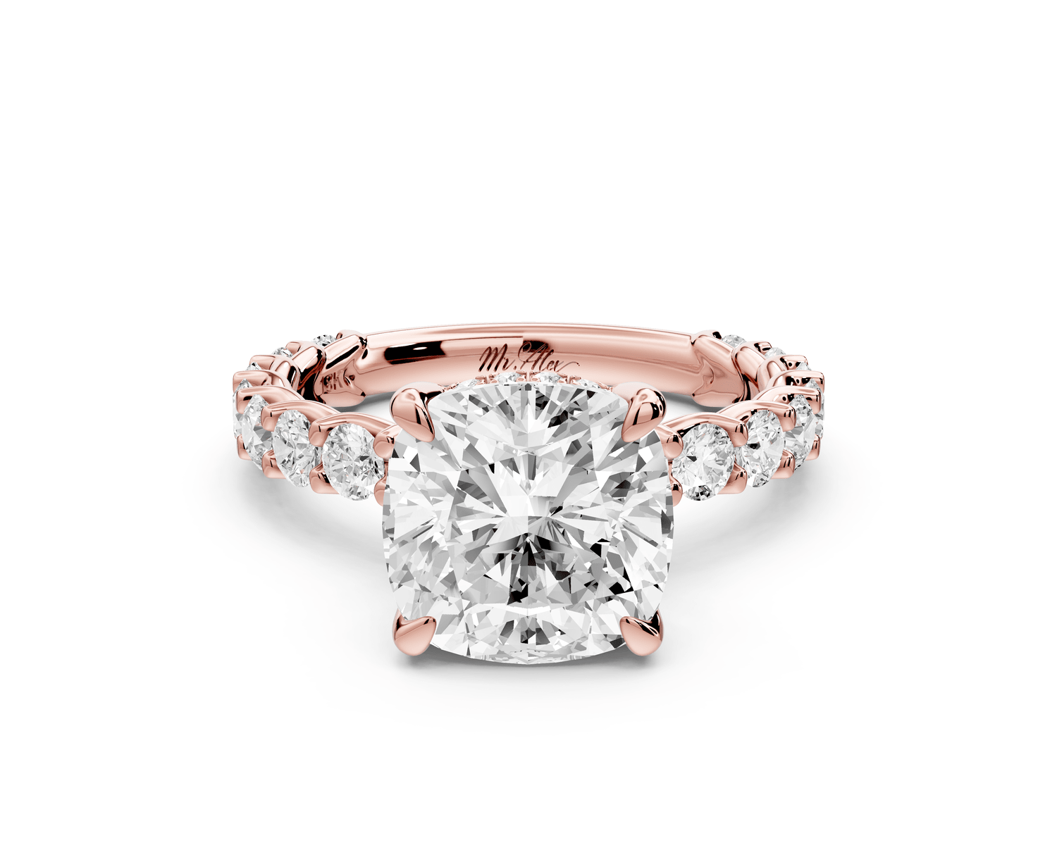 Siena - 3ct 14k rose gold cushion Hidden Halo with Shared Prong Pavé Engagement Ring - Mr. Alex Jewelry