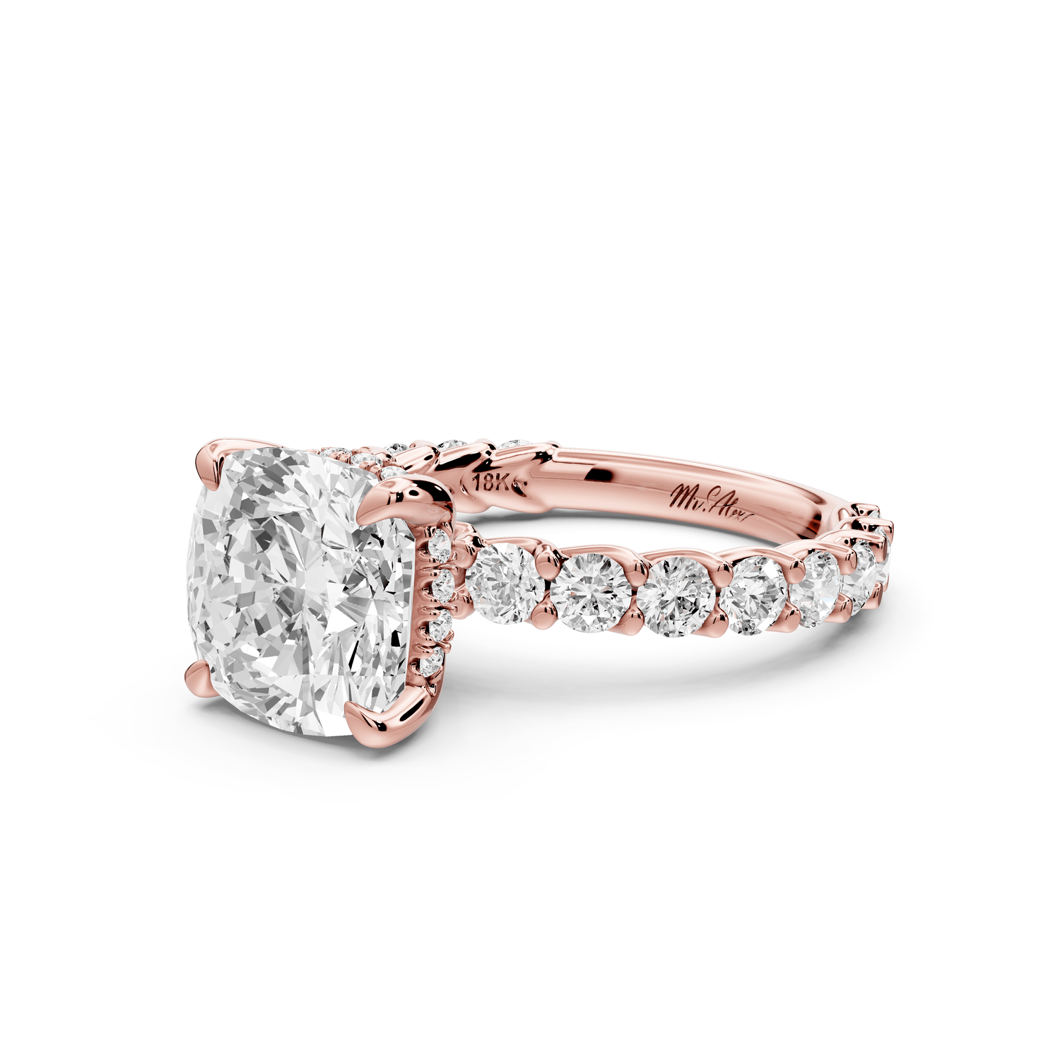 Siena - 3ct 14k rose gold cushion Hidden Halo with Shared Prong Pavé Engagement Ring - Mr. Alex Jewelry