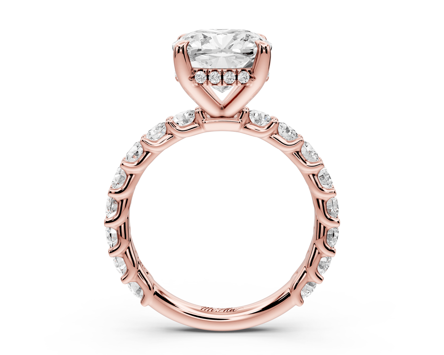 Siena - 3ct 14k rose gold cushion Hidden Halo with Shared Prong Pavé Engagement Ring - Mr. Alex Jewelry