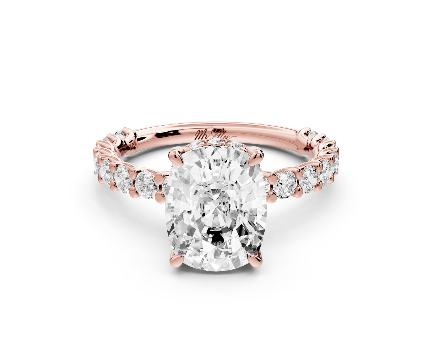 Siena - 3ct 14k rose gold ecushion Hidden Halo with Shared Prong Pavé Engagement Ring - Mr. Alex Jewelry