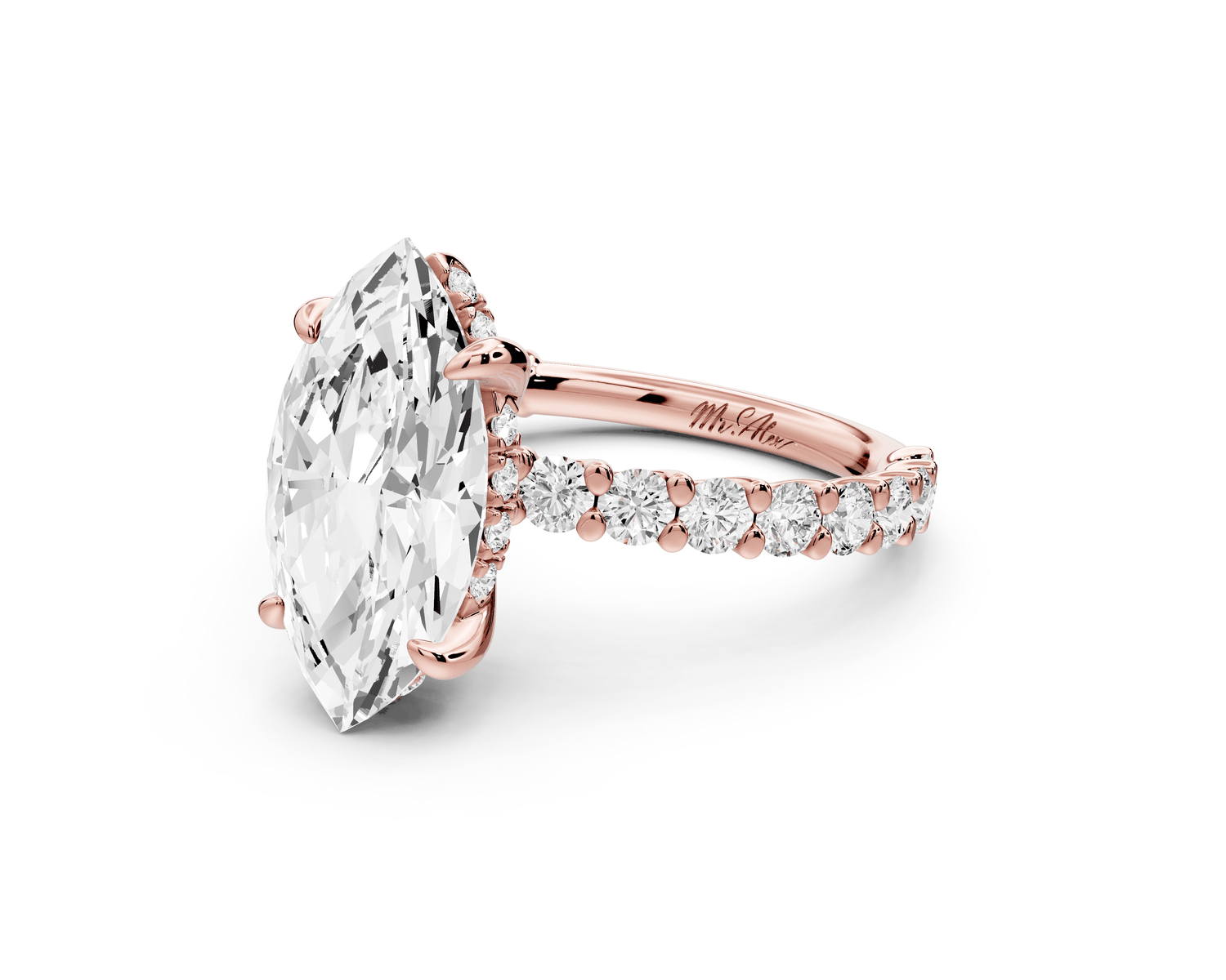 Siena - 3ct 14k rose gold marquise Hidden Halo with Shared Prong Pavé Engagement Ring - Mr. Alex Jewelry