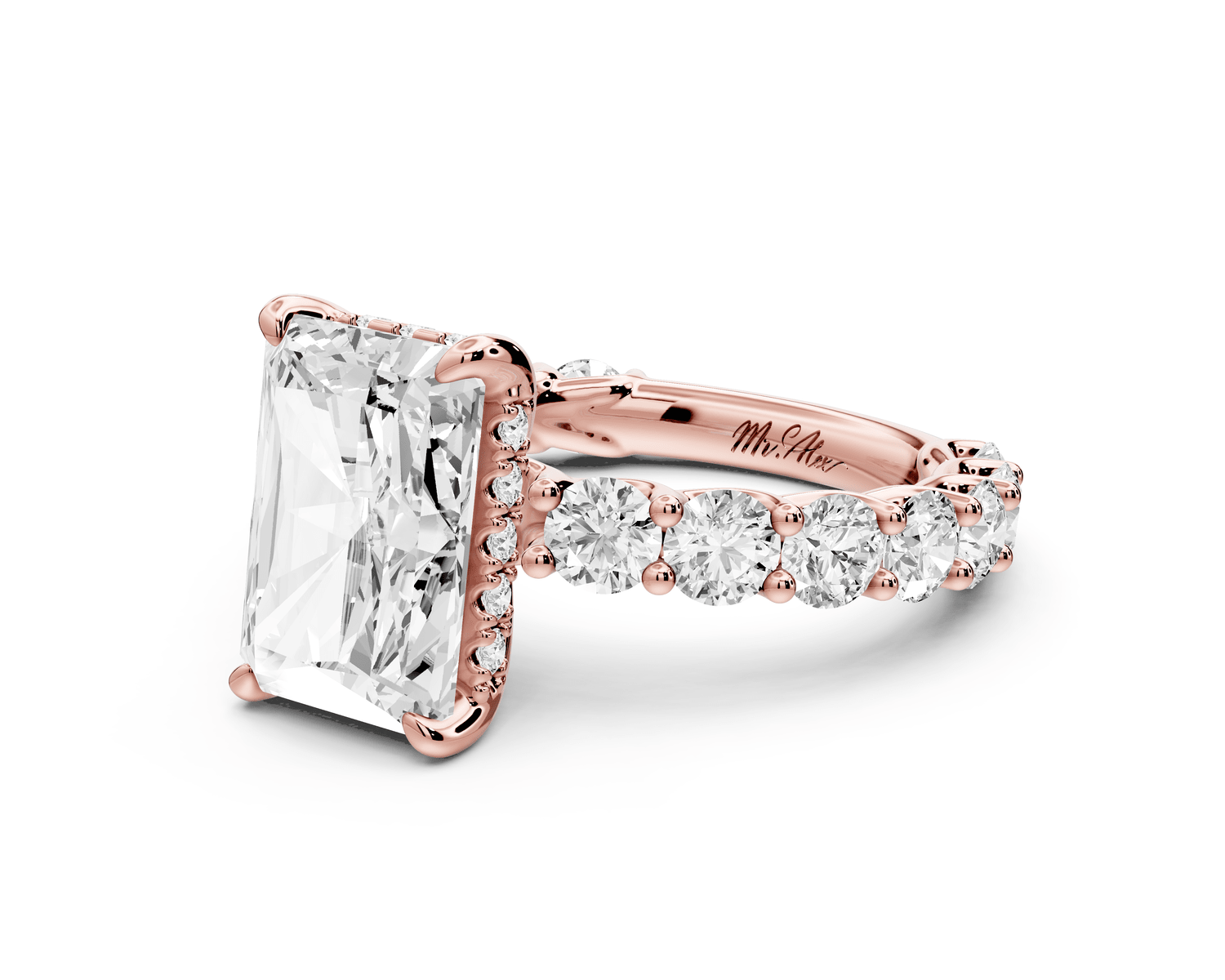 Siena - 3ct 14k rose gold radiant Hidden Halo with Shared Prong Pavé Engagement Ring - Mr. Alex Jewelry