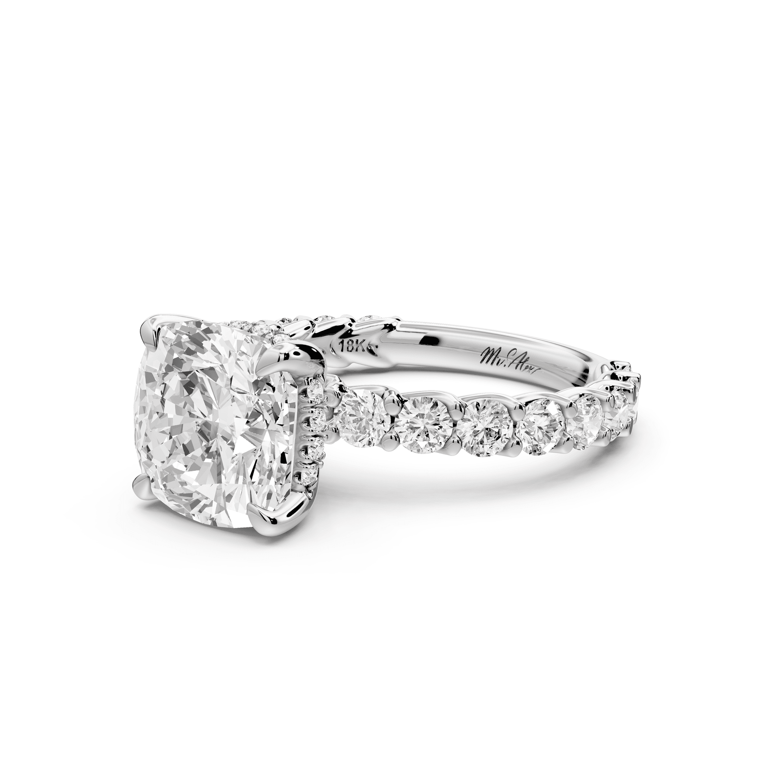 Siena - 3ct 14k white gold cushion Hidden Halo with Shared Prong Pavé Engagement Ring - Mr. Alex Jewelry