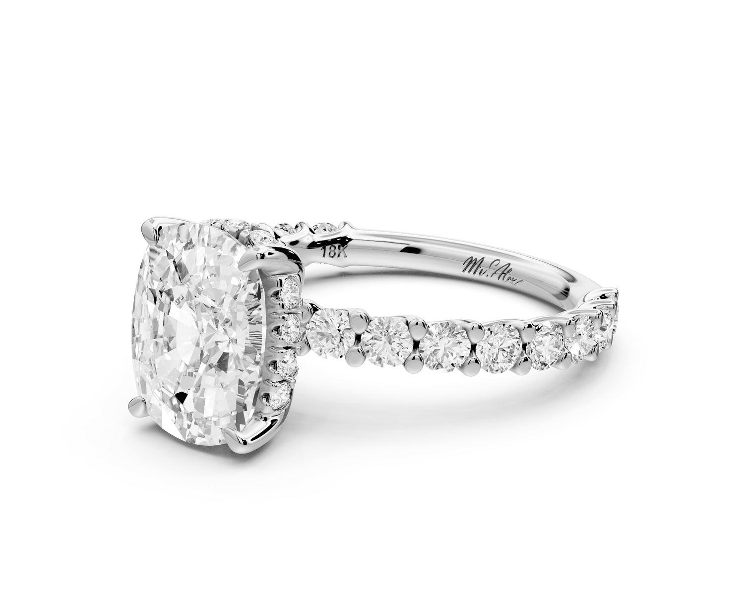 Siena - 3ct 14k white gold ecushion Hidden Halo with Shared Prong Pavé Engagement Ring - Mr. Alex Jewelry