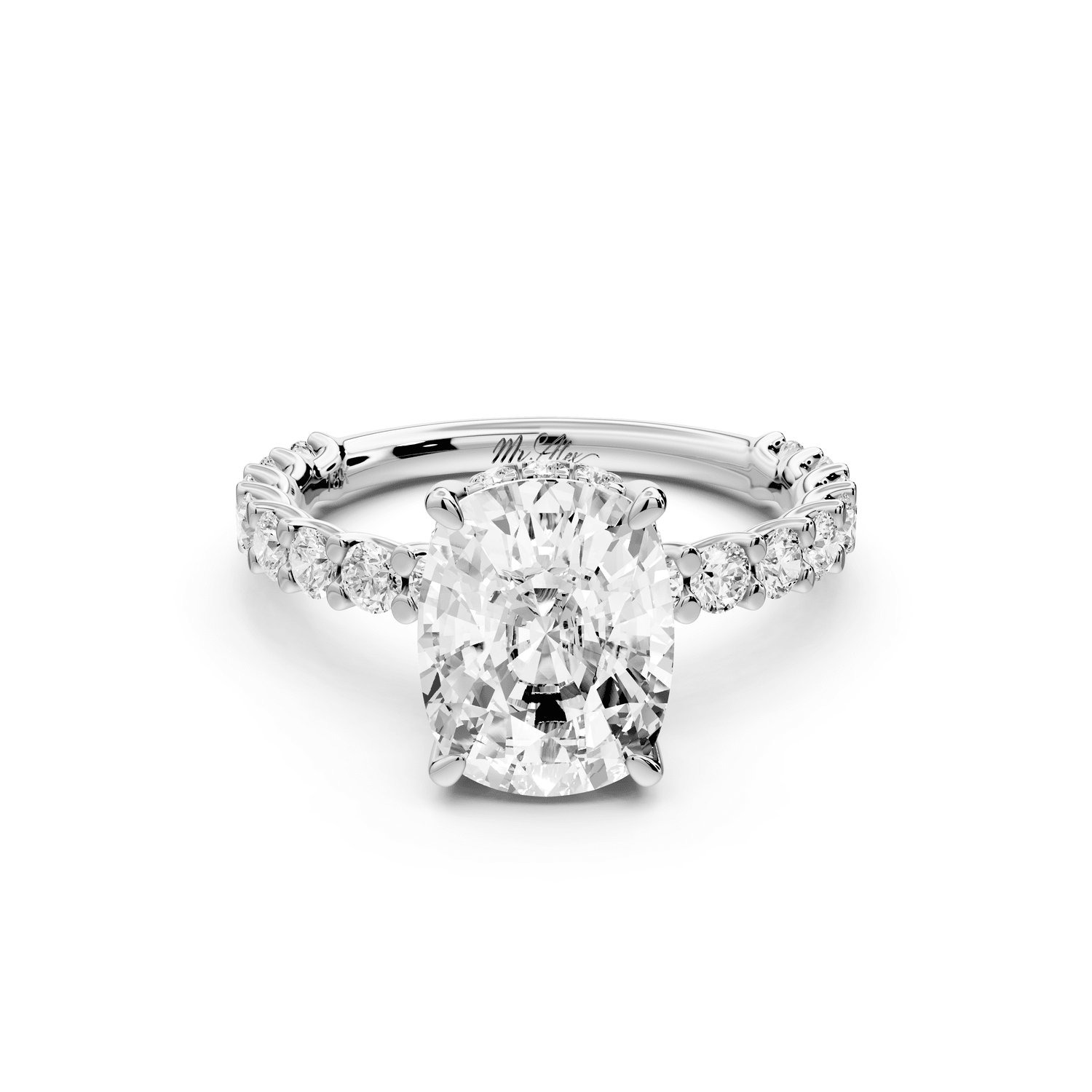 Siena - 3ct 14k white gold ecushion Hidden Halo with Shared Prong Pavé Engagement Ring - Mr. Alex Jewelry