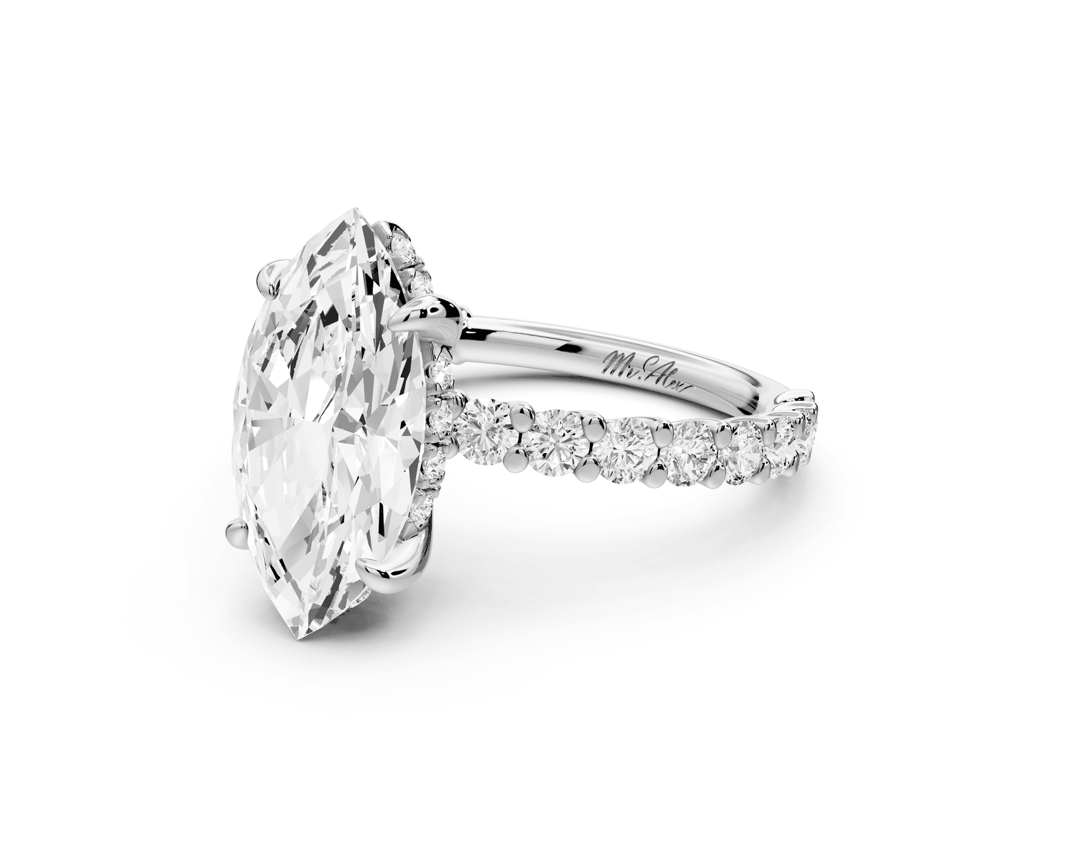 Siena - 3ct 14k white gold marquise Hidden Halo with Shared Prong Pavé Engagement Ring - Mr. Alex Jewelry