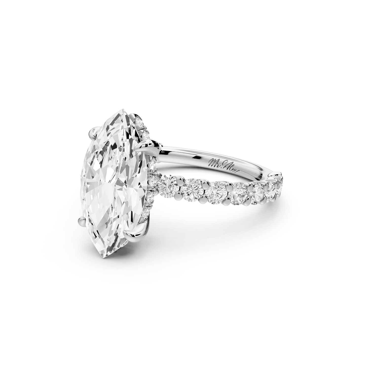 Siena - 3ct 14k white gold marquise Hidden Halo with Shared Prong Pavé Engagement Ring - Mr. Alex Jewelry