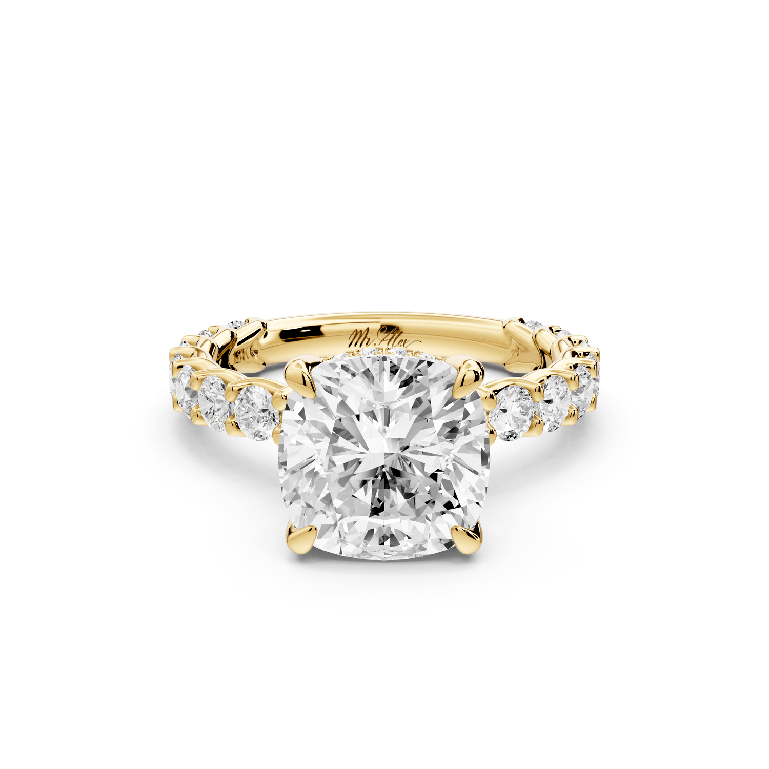 Siena - 3ct 14k yellow gold cushion Hidden Halo with Shared Prong Pavé Engagement Ring - Mr. Alex Jewelry