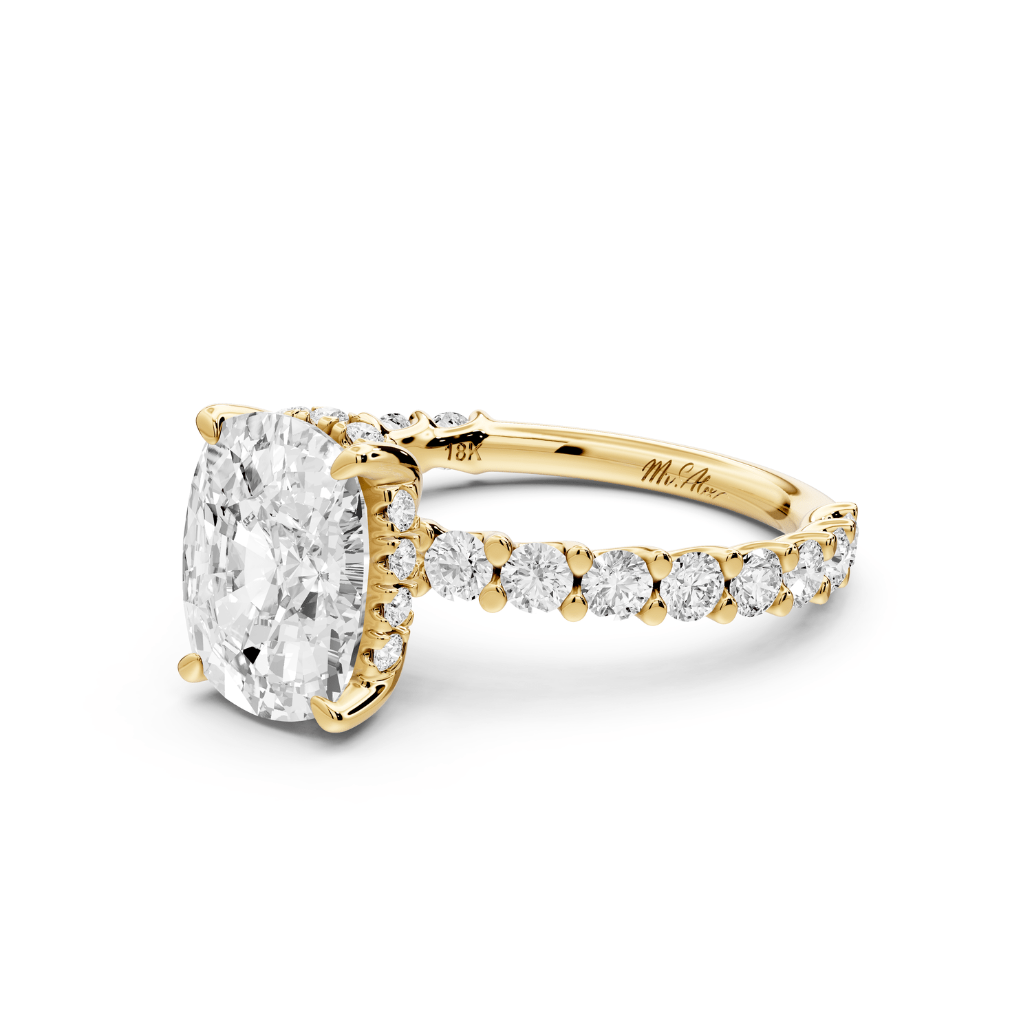 Siena - 3ct 14k yellow gold ecushion Hidden Halo with Shared Prong Pavé Engagement Ring - Mr. Alex Jewelry