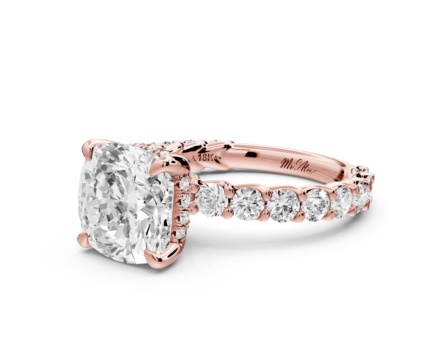 Siena - 3ct 18k rose gold cushion Hidden Halo with Shared Prong Pavé Engagement Ring - Mr. Alex Jewelry