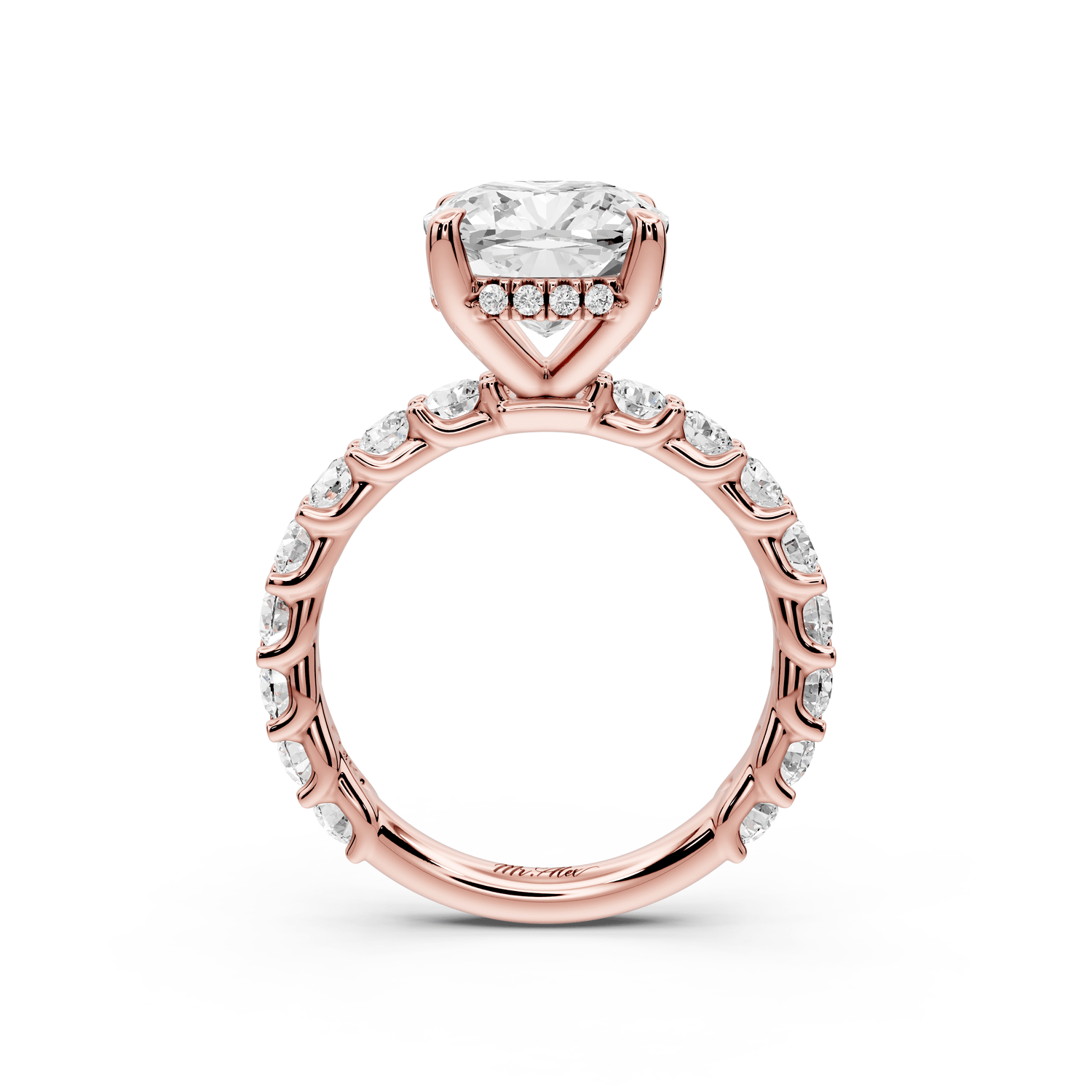Siena - 3ct 18k rose gold cushion Hidden Halo with Shared Prong Pavé Engagement Ring - Mr. Alex Jewelry