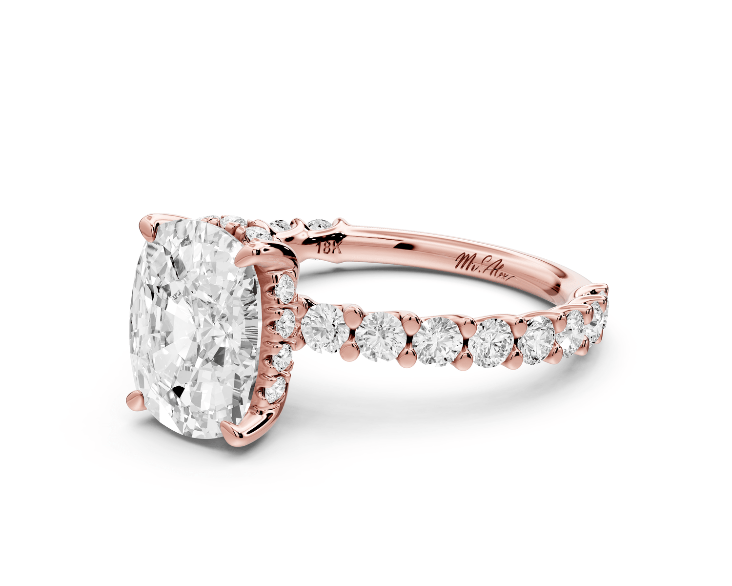 Siena - 3ct 18k rose gold ecushion Hidden Halo with Shared Prong Pavé Engagement Ring - Mr. Alex Jewelry