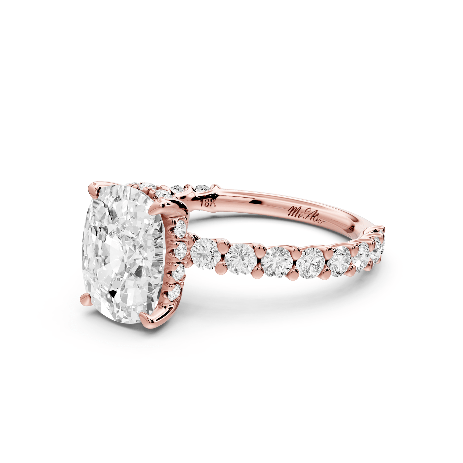 Siena - 3ct 18k rose gold ecushion Hidden Halo with Shared Prong Pavé Engagement Ring - Mr. Alex Jewelry