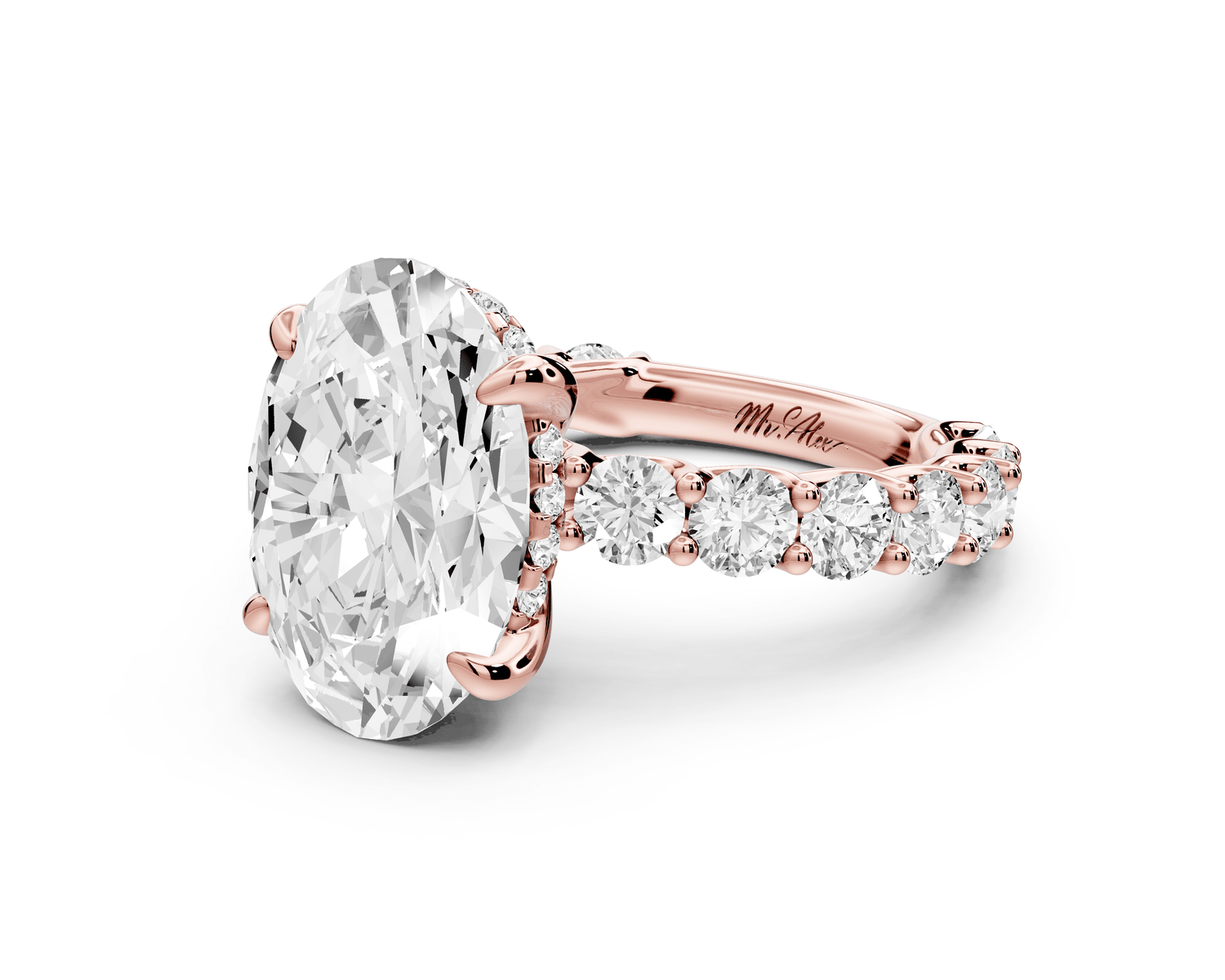 Siena - 3ct 18k rose gold oval Hidden Halo with Shared Prong Pavé Engagement Ring - Mr. Alex Jewelry
